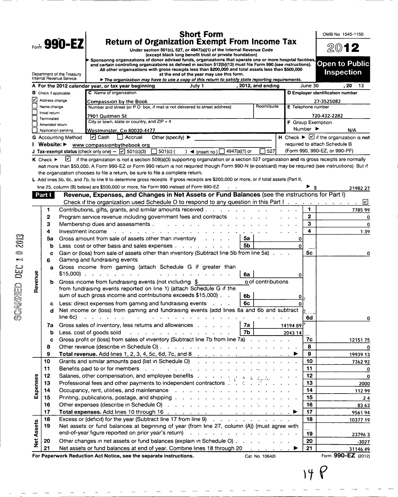 Image of first page of 2012 Form 990EZ for Compassion by the Book