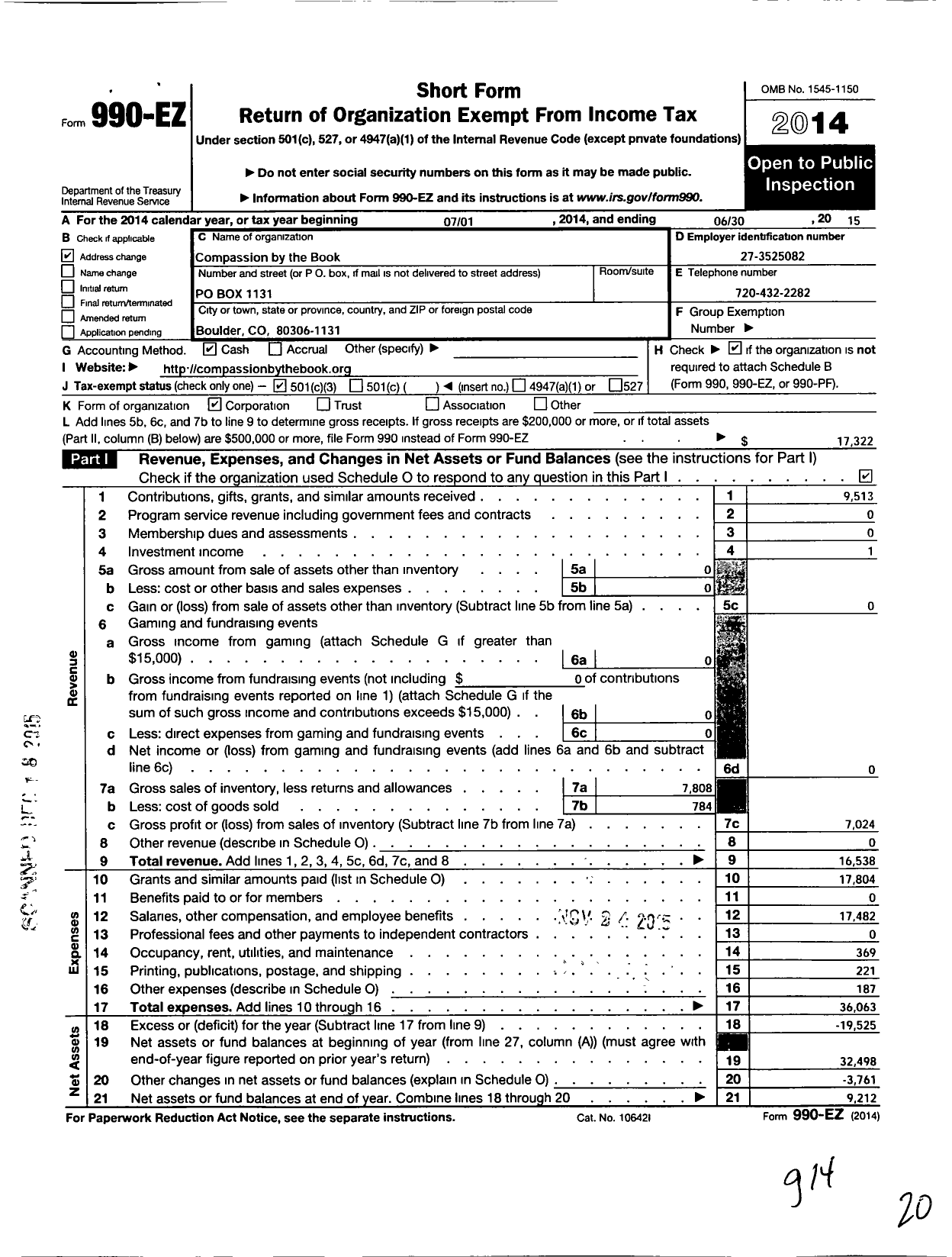 Image of first page of 2014 Form 990EZ for Compassion by the Book