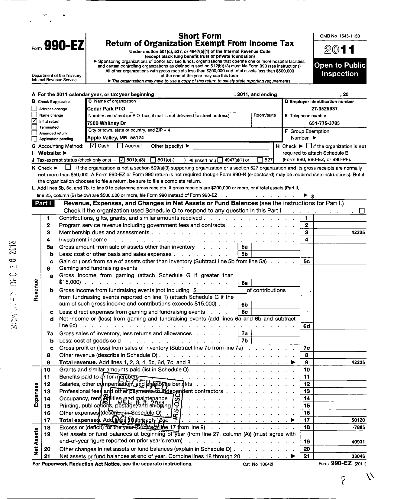 Image of first page of 2011 Form 990EZ for Cedar Park Pto