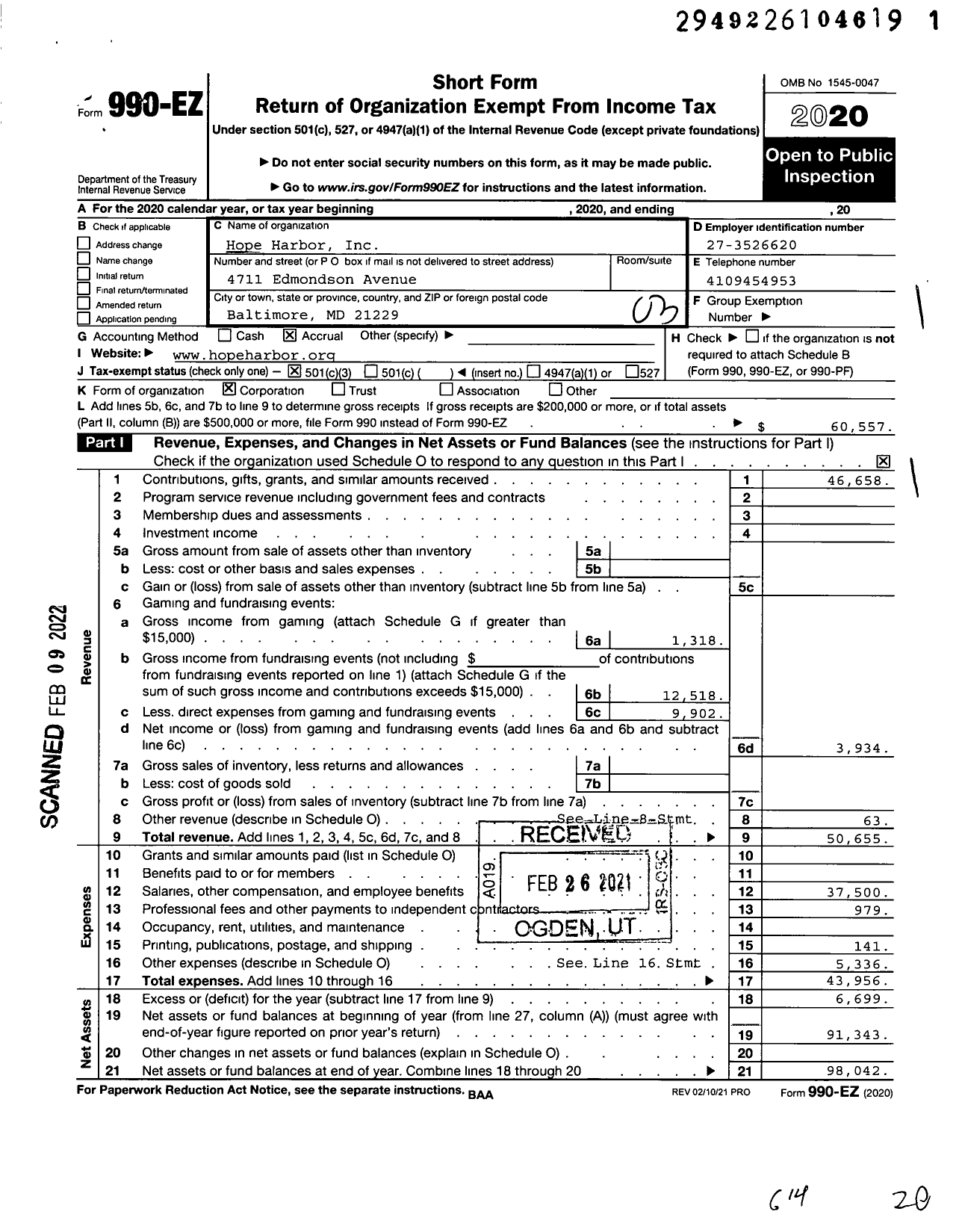 Image of first page of 2020 Form 990EZ for Hope Harbor