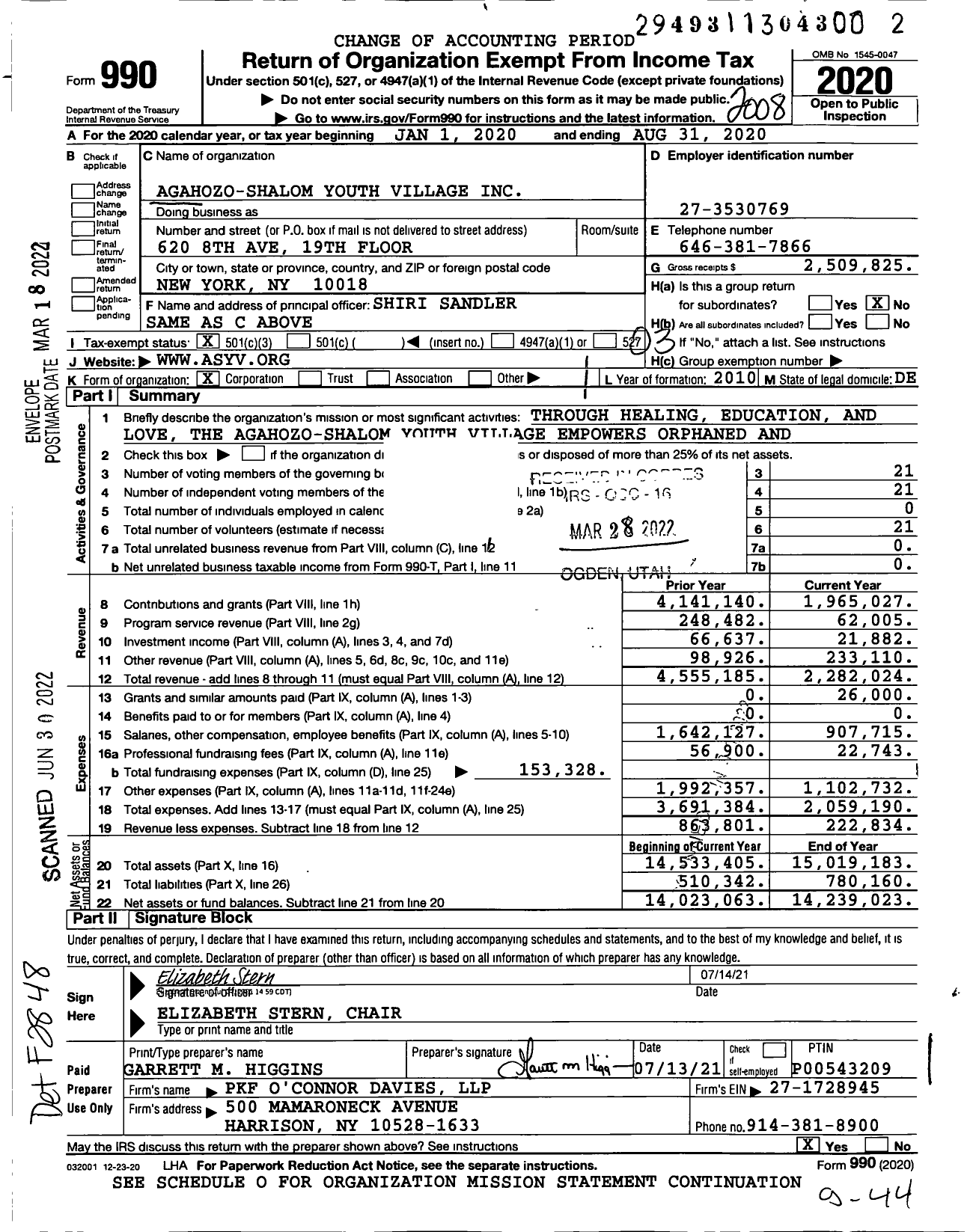 Image of first page of 2019 Form 990 for Agahozo-Shalom Youth Village (ASYV)