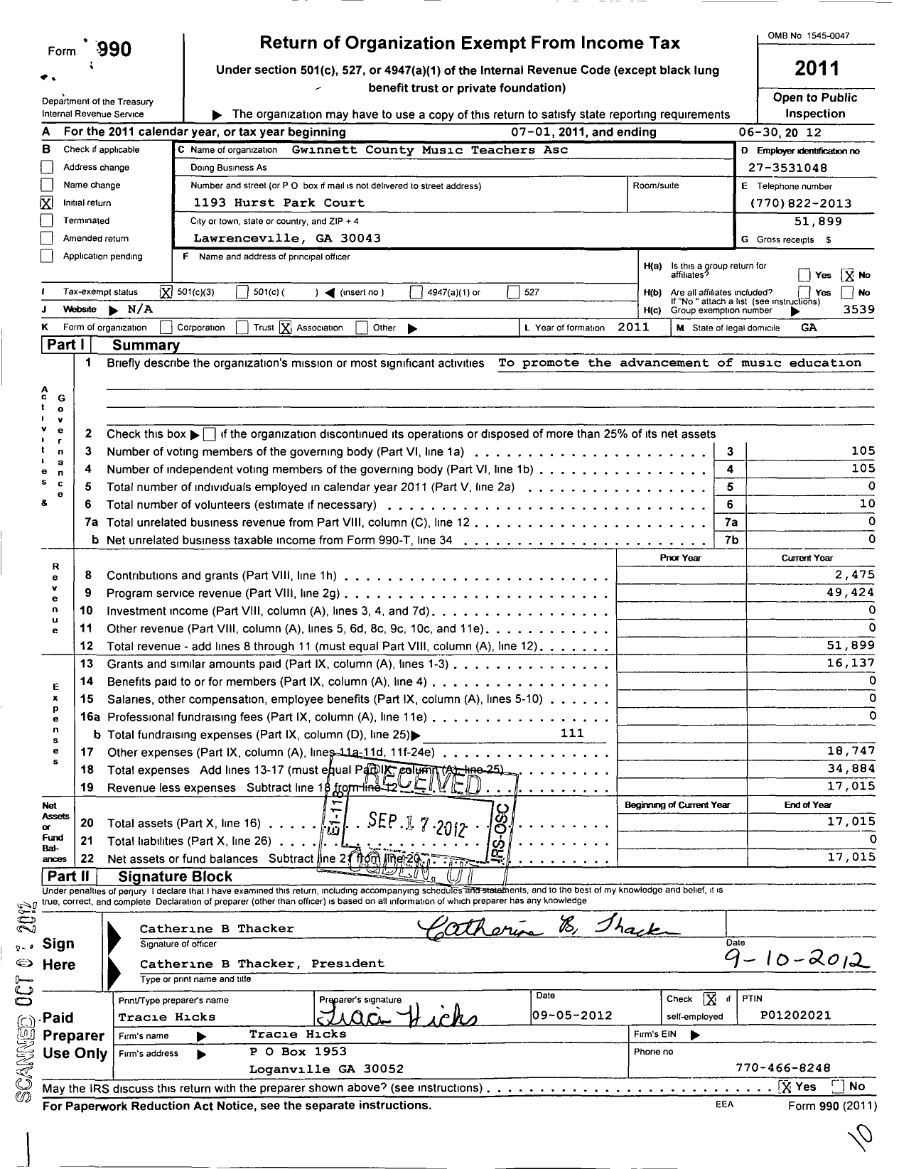 Image of first page of 2011 Form 990 for Music Teachers National Association / Gwinnett County Mta