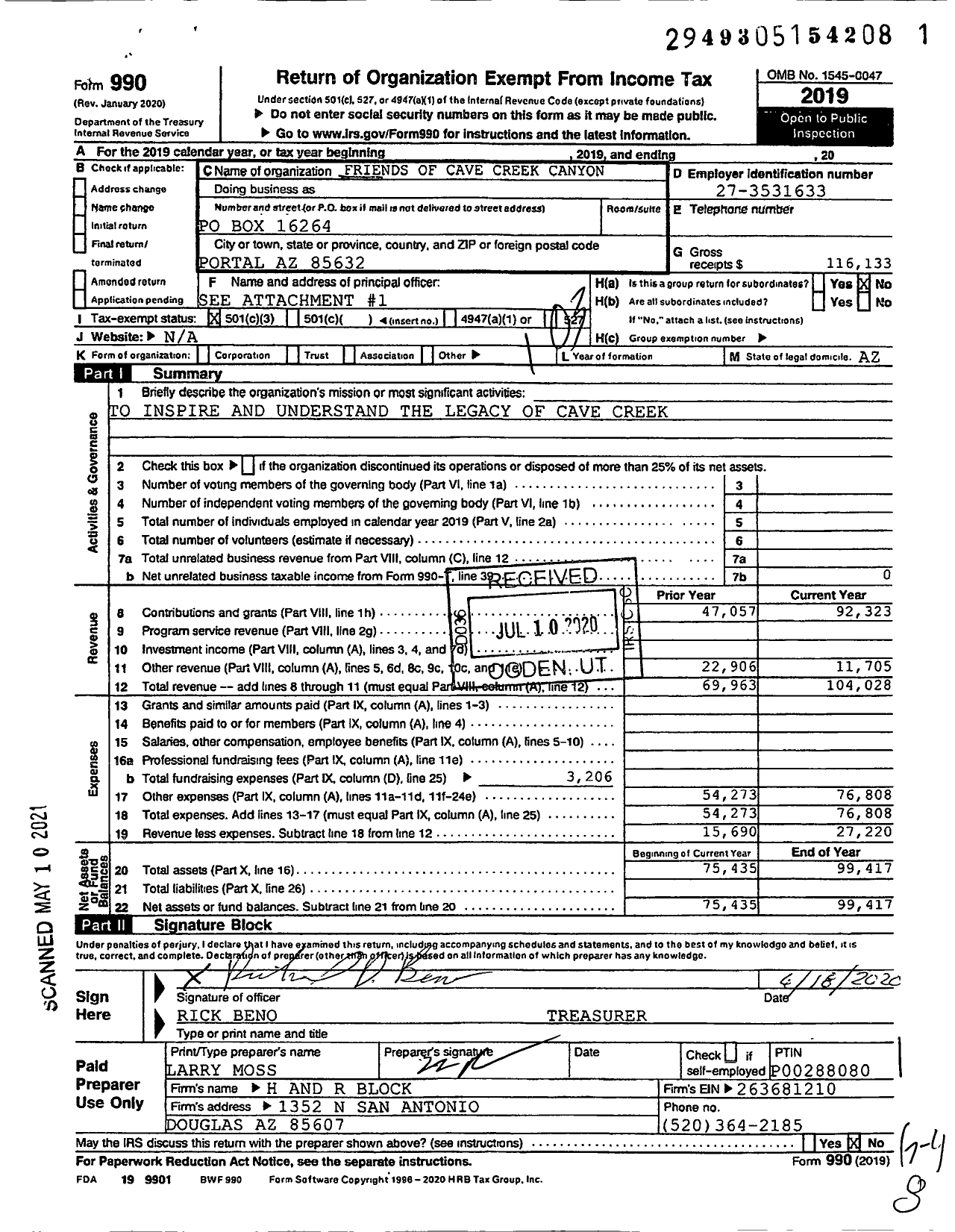 Image of first page of 2019 Form 990 for Friends of Cave Creek Canyon