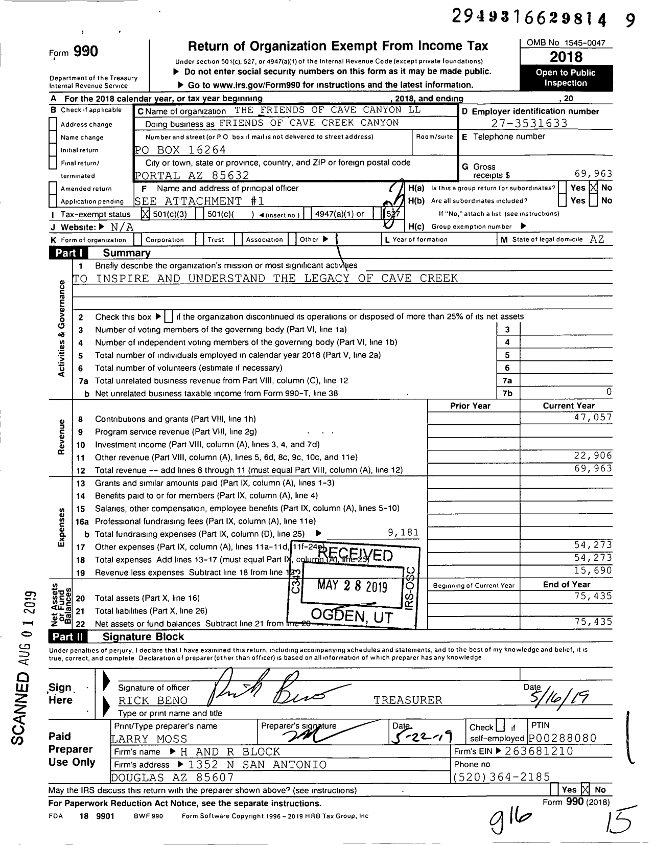 Image of first page of 2018 Form 990 for Friends of Cave Creek Canyon