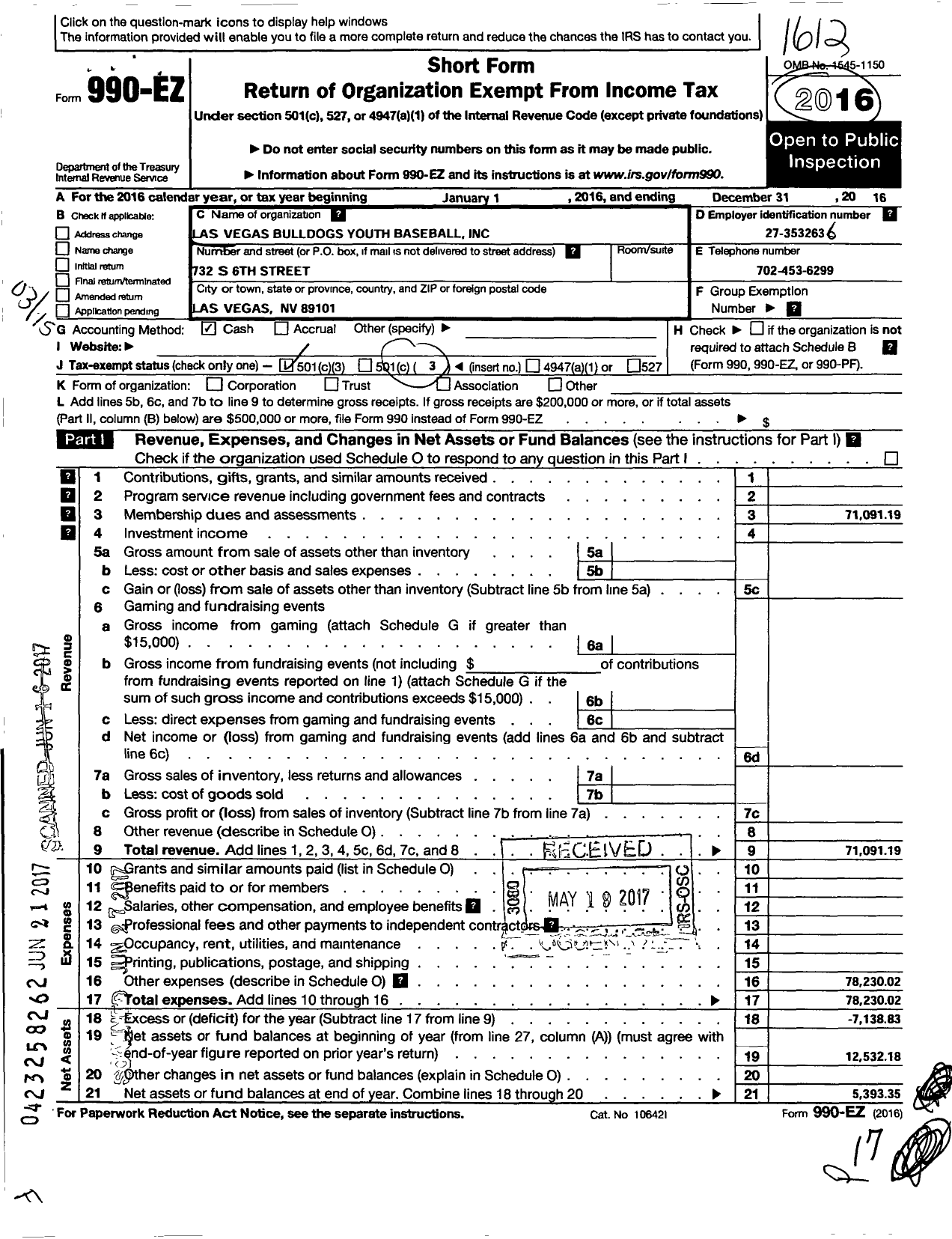 Image of first page of 2016 Form 990EZ for Las Vegas Bulldogs Youth Baseball