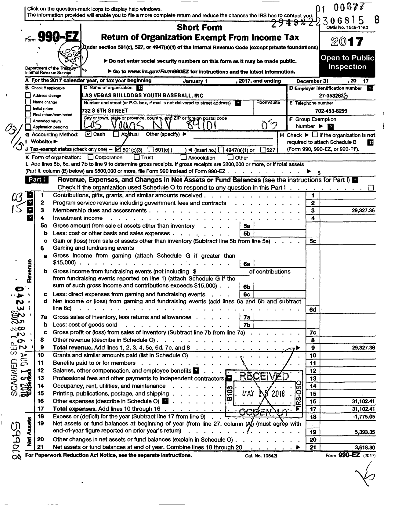 Image of first page of 2017 Form 990EZ for Las Vegas Bulldogs Youth Baseball