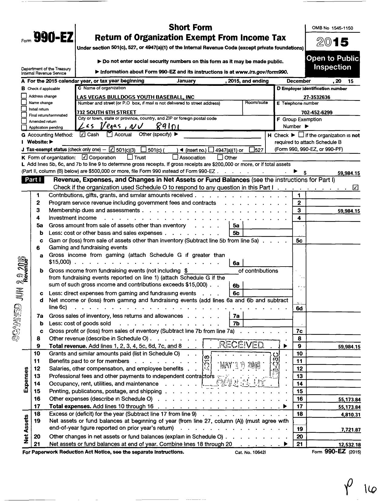 Image of first page of 2015 Form 990EZ for Las Vegas Bulldogs Youth Baseball