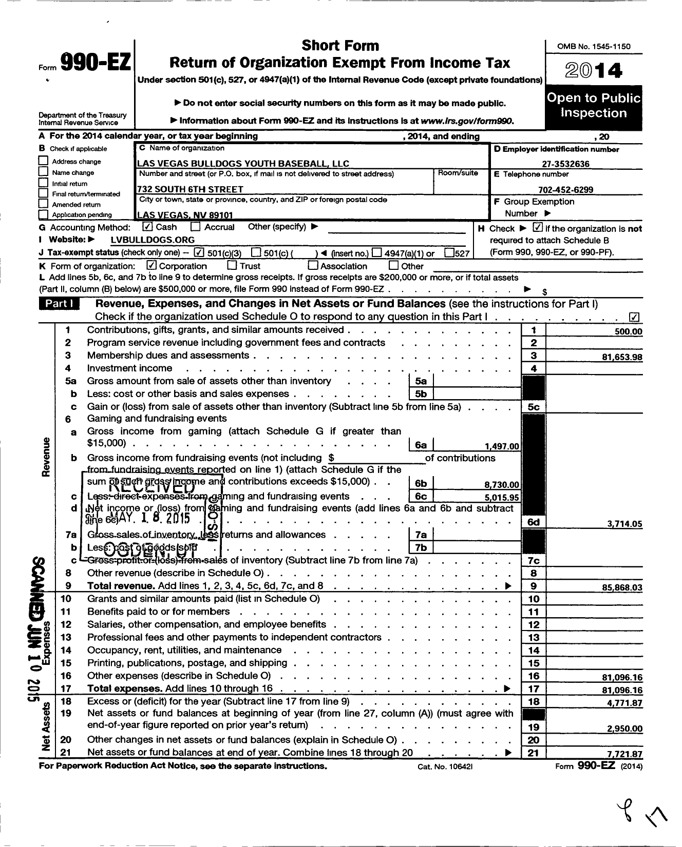 Image of first page of 2014 Form 990EZ for Las Vegas Bulldogs Youth Baseball