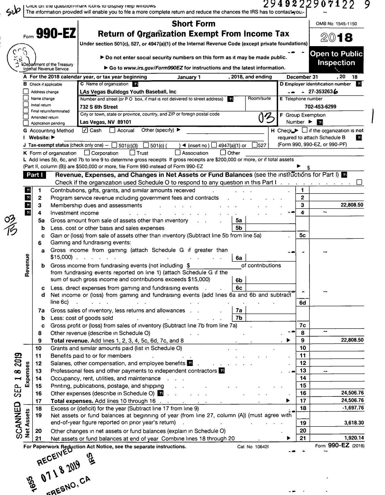 Image of first page of 2018 Form 990EZ for Las Vegas Bulldogs Youth Baseball