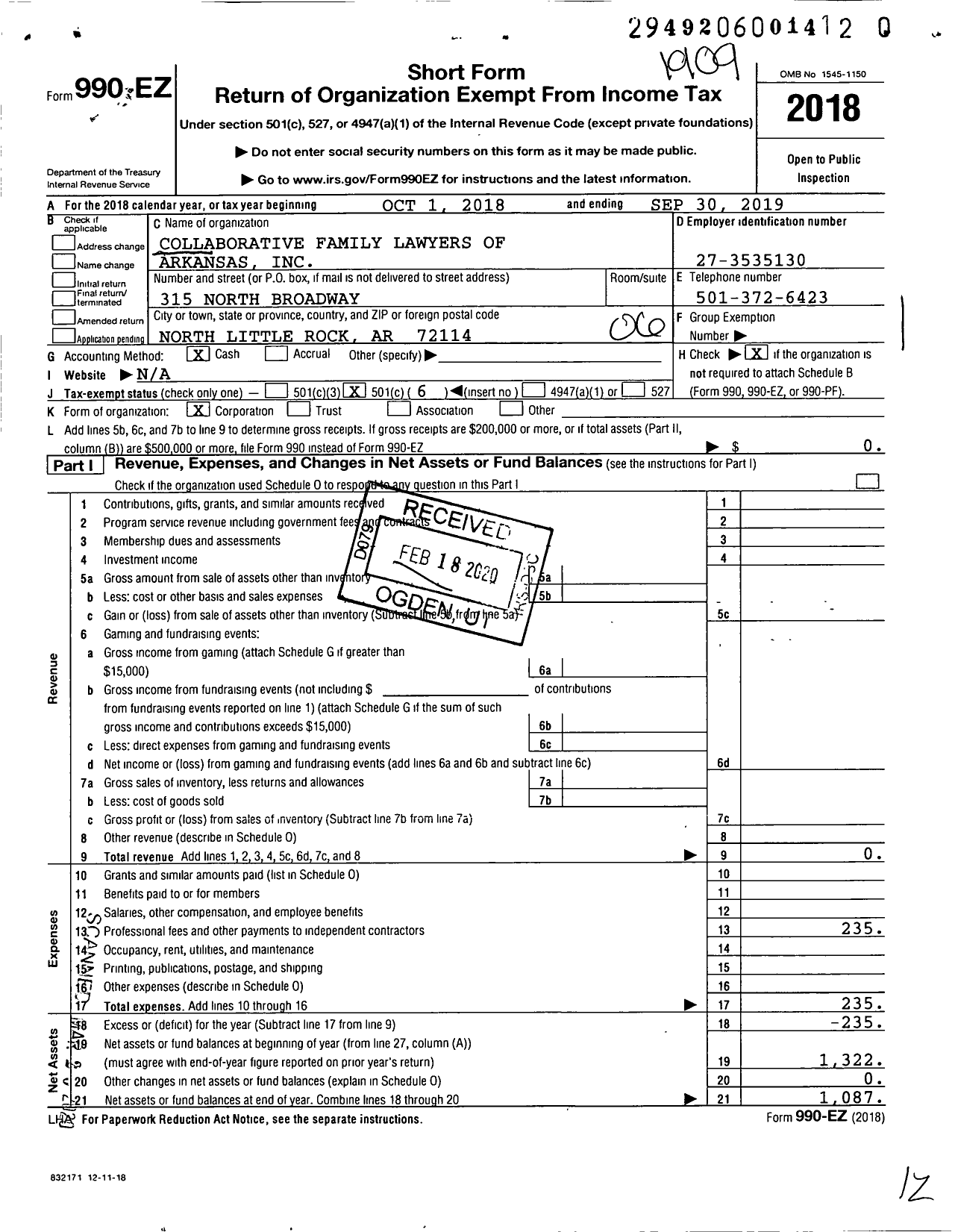 Image of first page of 2018 Form 990EO for Collaborative Family Lawyers of Arkansas