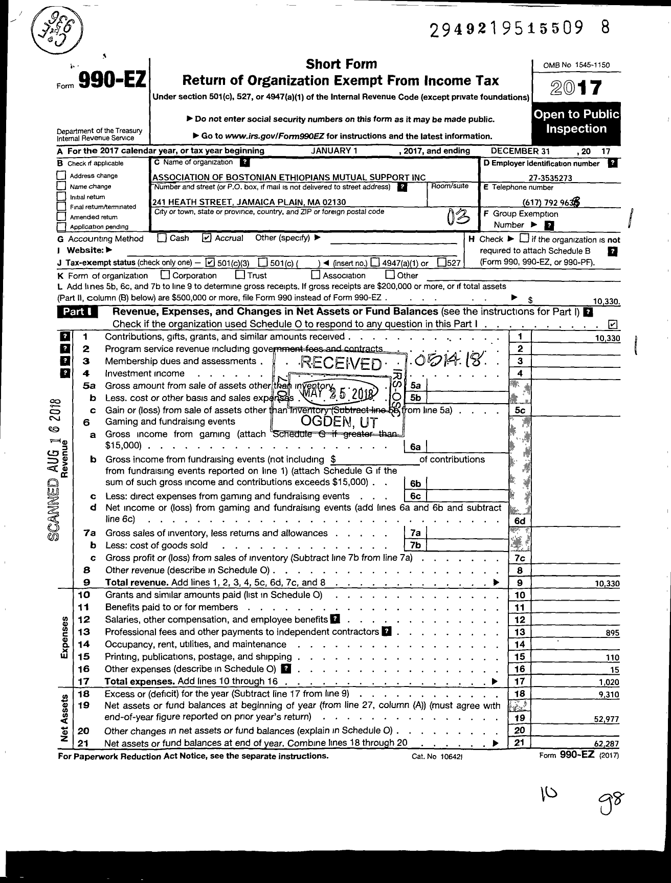 Image of first page of 2017 Form 990EZ for ASSOCIATION OF BOSTONIAN Ethopians MUTUAL SUPPORT