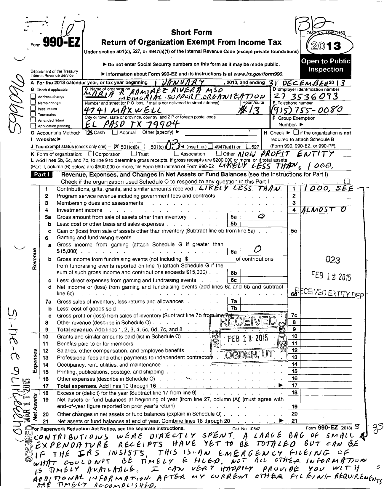 Image of first page of 2013 Form 990EZ for Maria R Ramirez Rivera M S O Memorial Support Organization