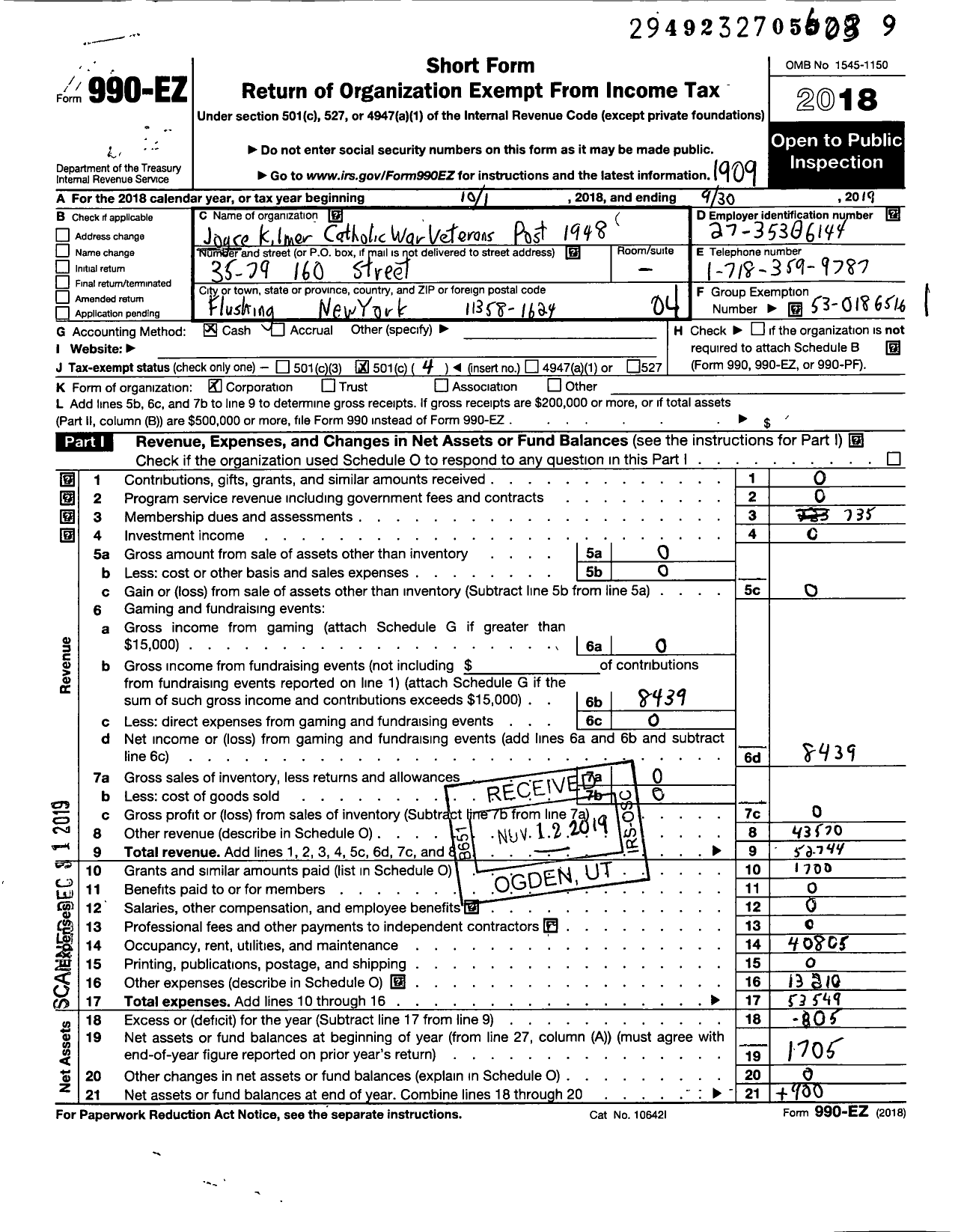 Image of first page of 2018 Form 990EO for Catholic War Veterans of the United States of America - 1948 Joyce Kilmer CWV Post