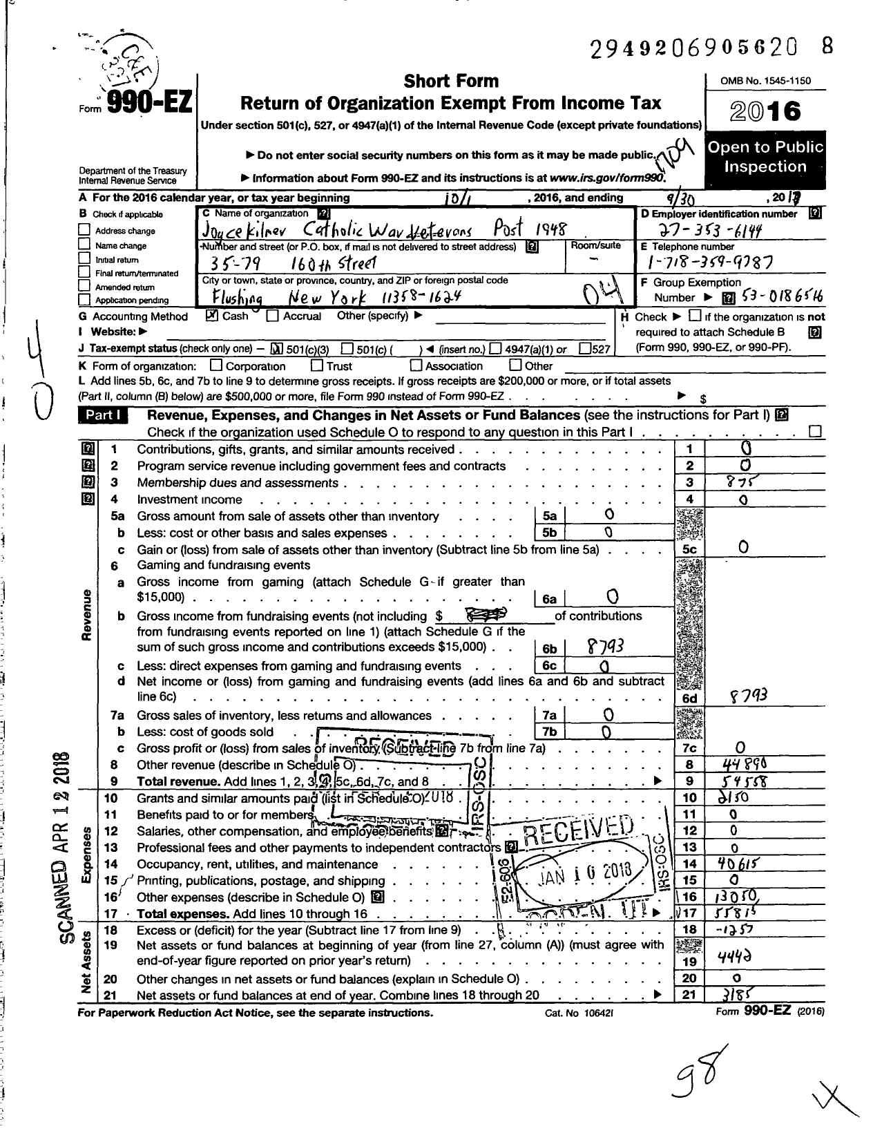 Image of first page of 2016 Form 990EO for Catholic War Veterans of the United States of America - 1948 Joyce Kilmer CWV Post