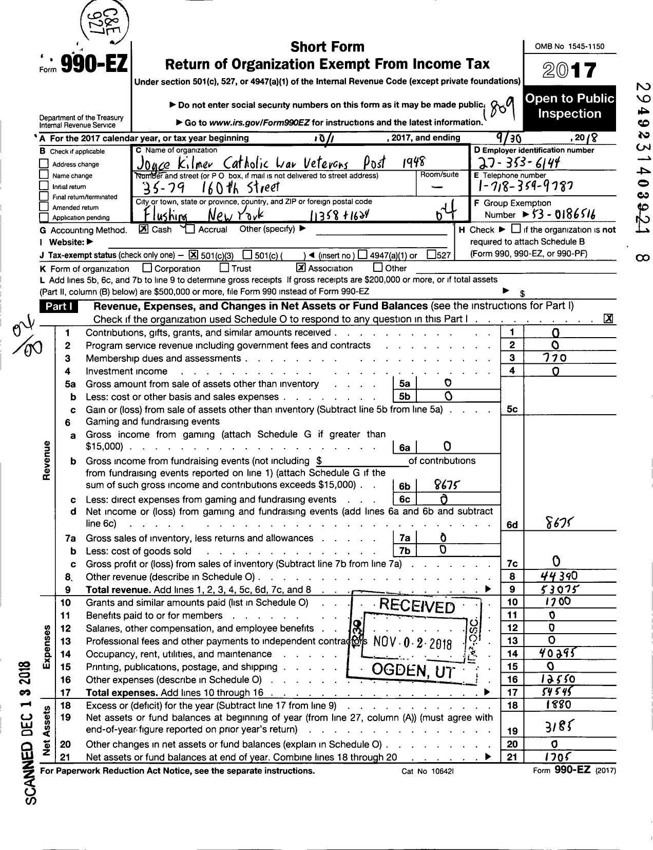 Image of first page of 2017 Form 990EO for Catholic War Veterans of the United States of America - 1948 Joyce Kilmer CWV Post