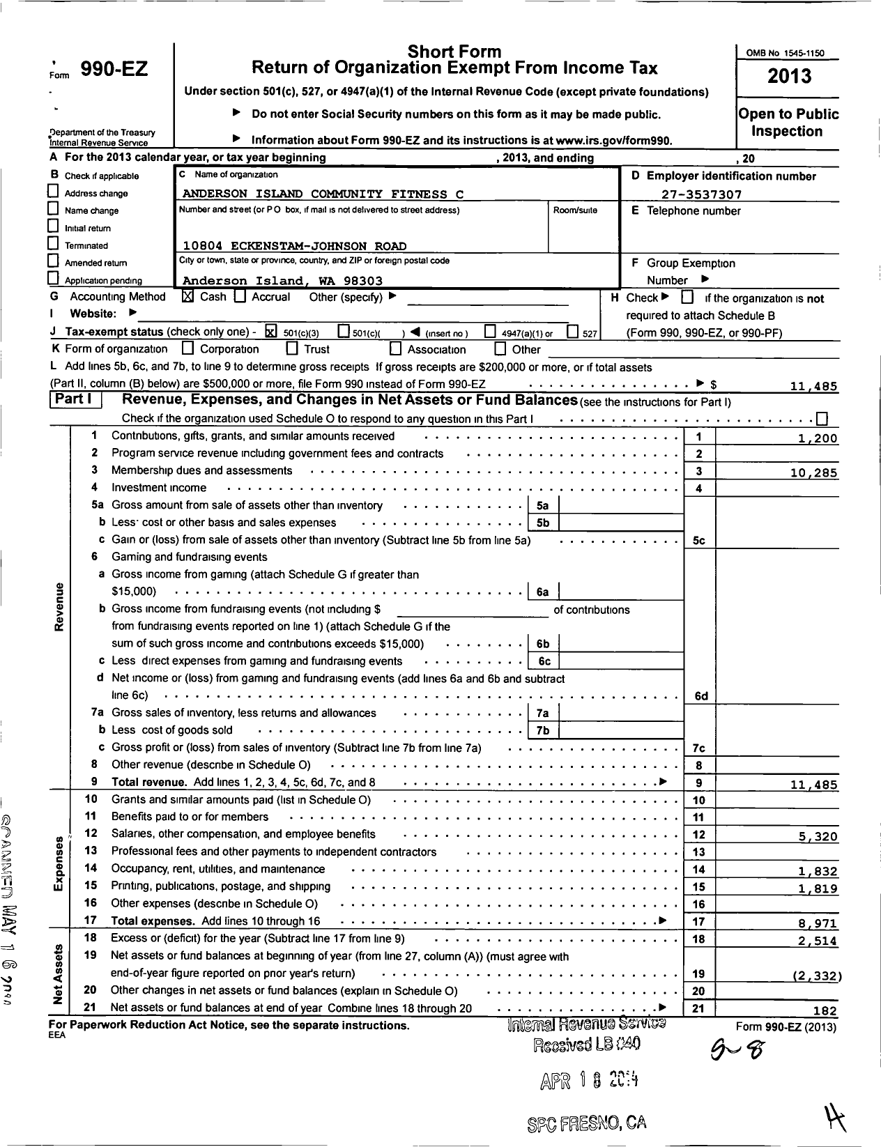 Image of first page of 2013 Form 990EZ for Anderson Island Community Fitness Center