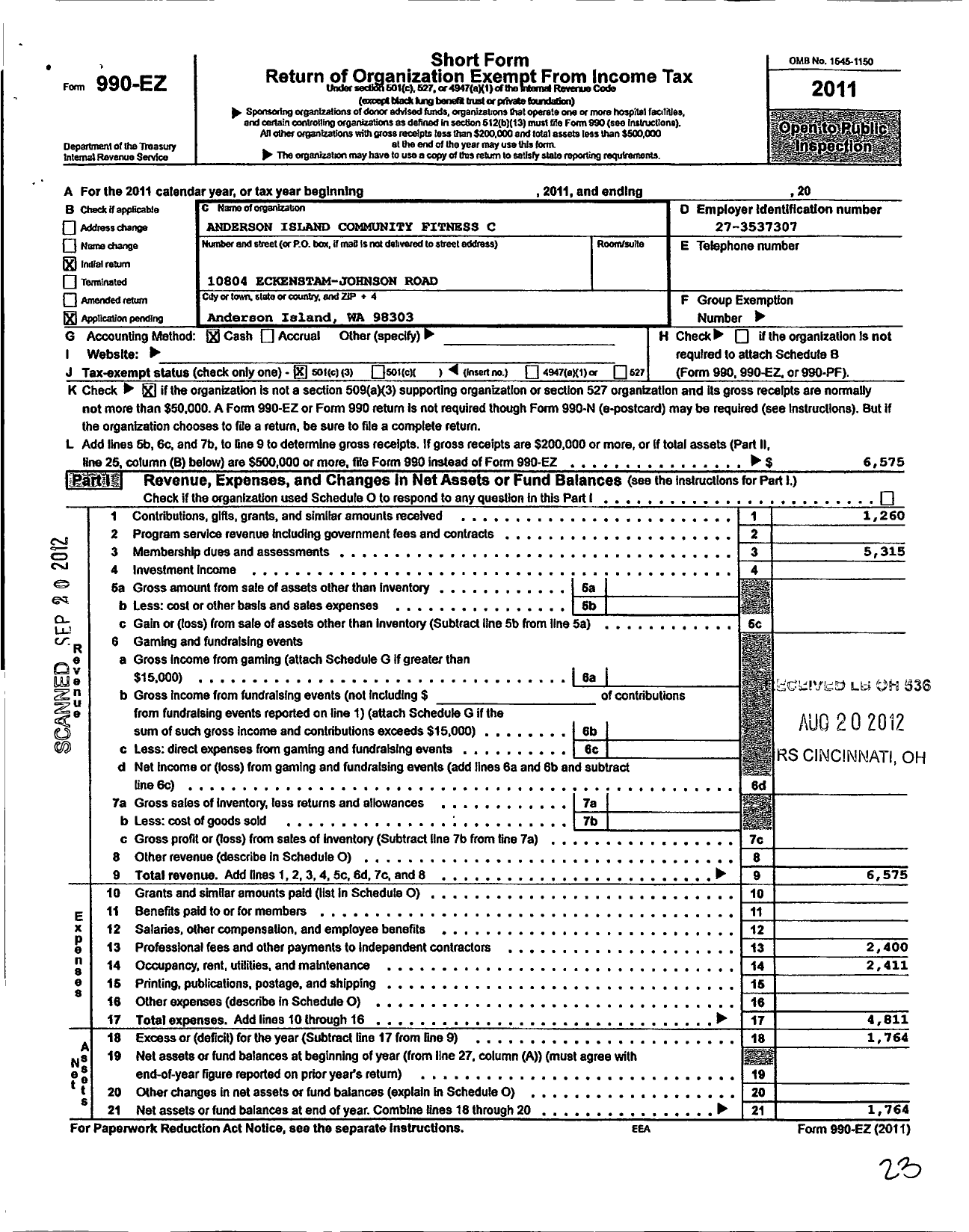 Image of first page of 2011 Form 990EZ for Anderson Island Community Fitness Center