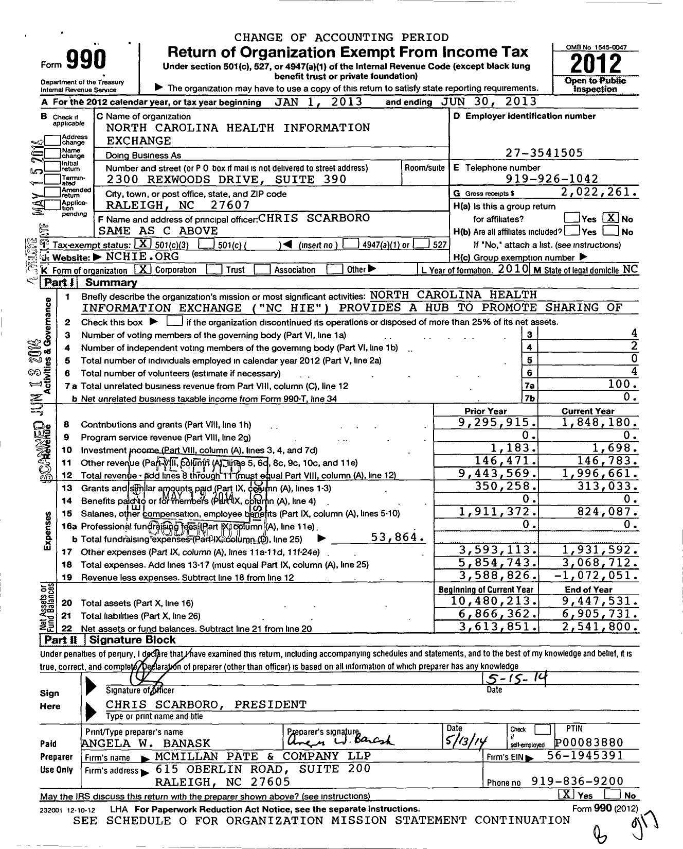 Image of first page of 2012 Form 990 for North Carolina Health Information Exchange (NC HIE)