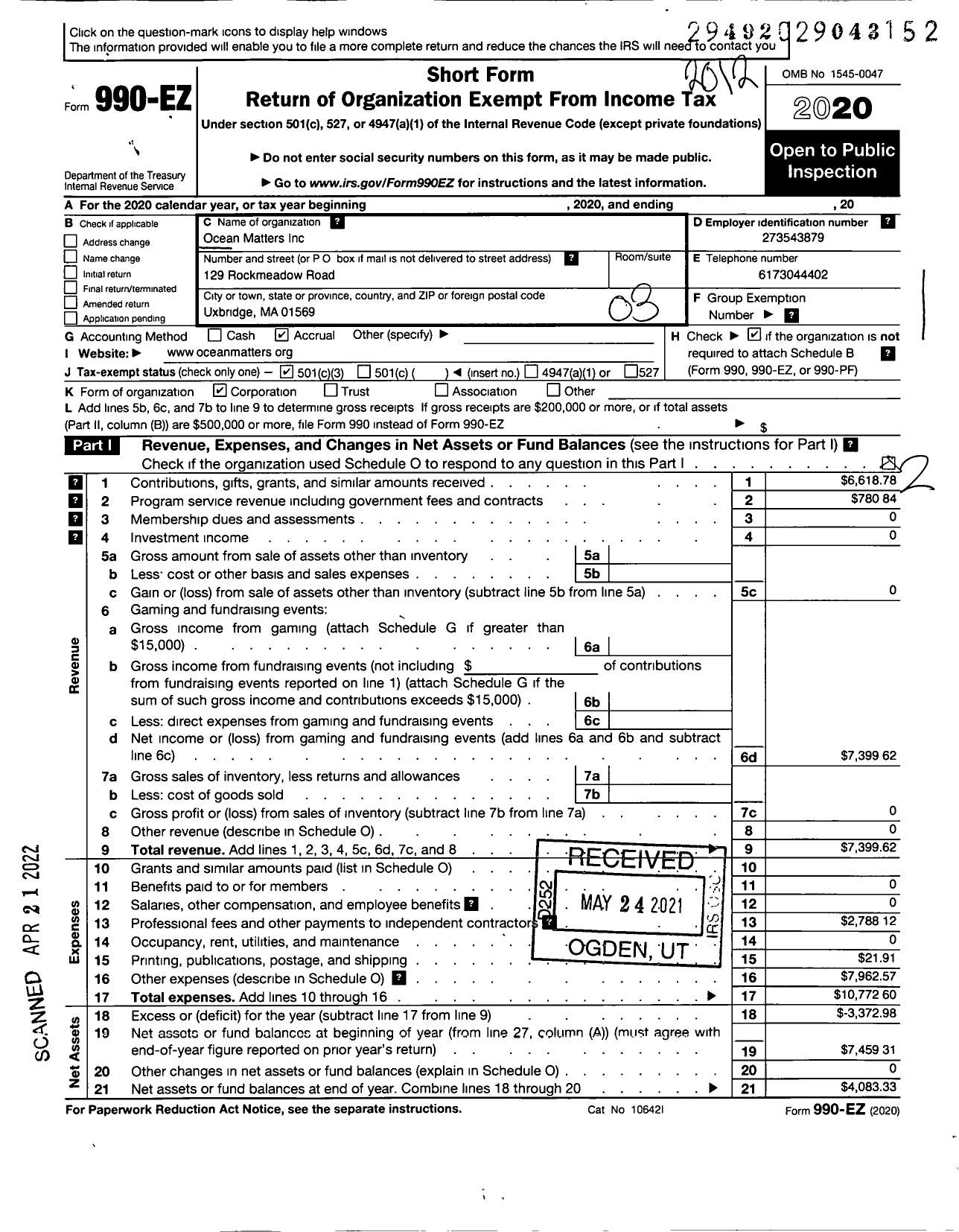 Image of first page of 2020 Form 990EZ for Ocean Matters