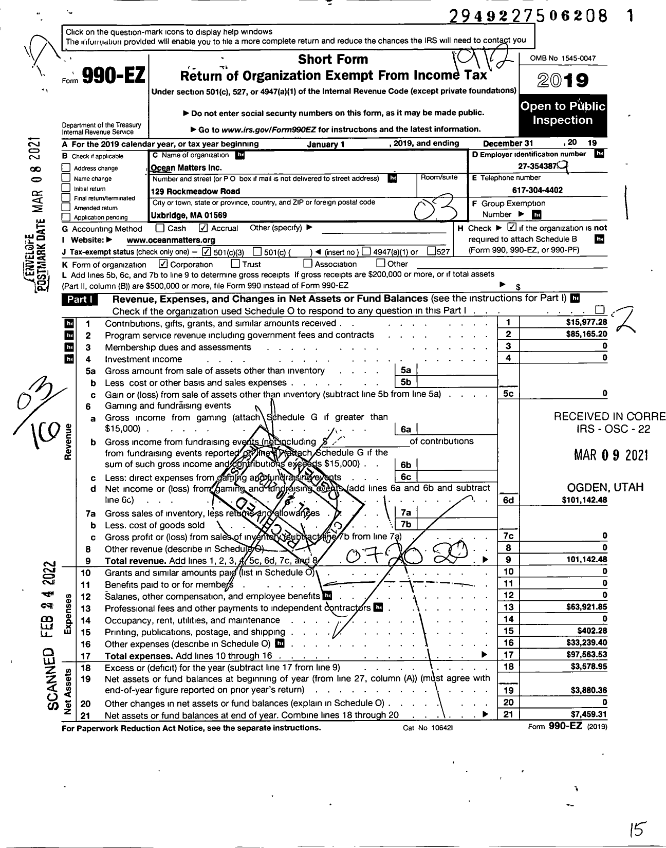 Image of first page of 2019 Form 990EZ for Ocean Matters