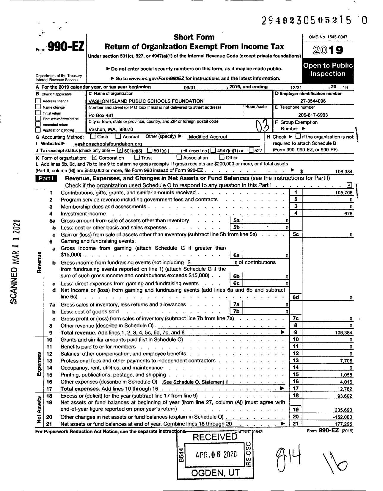 Image of first page of 2019 Form 990EZ for Vashon Island Public Schools Foundation