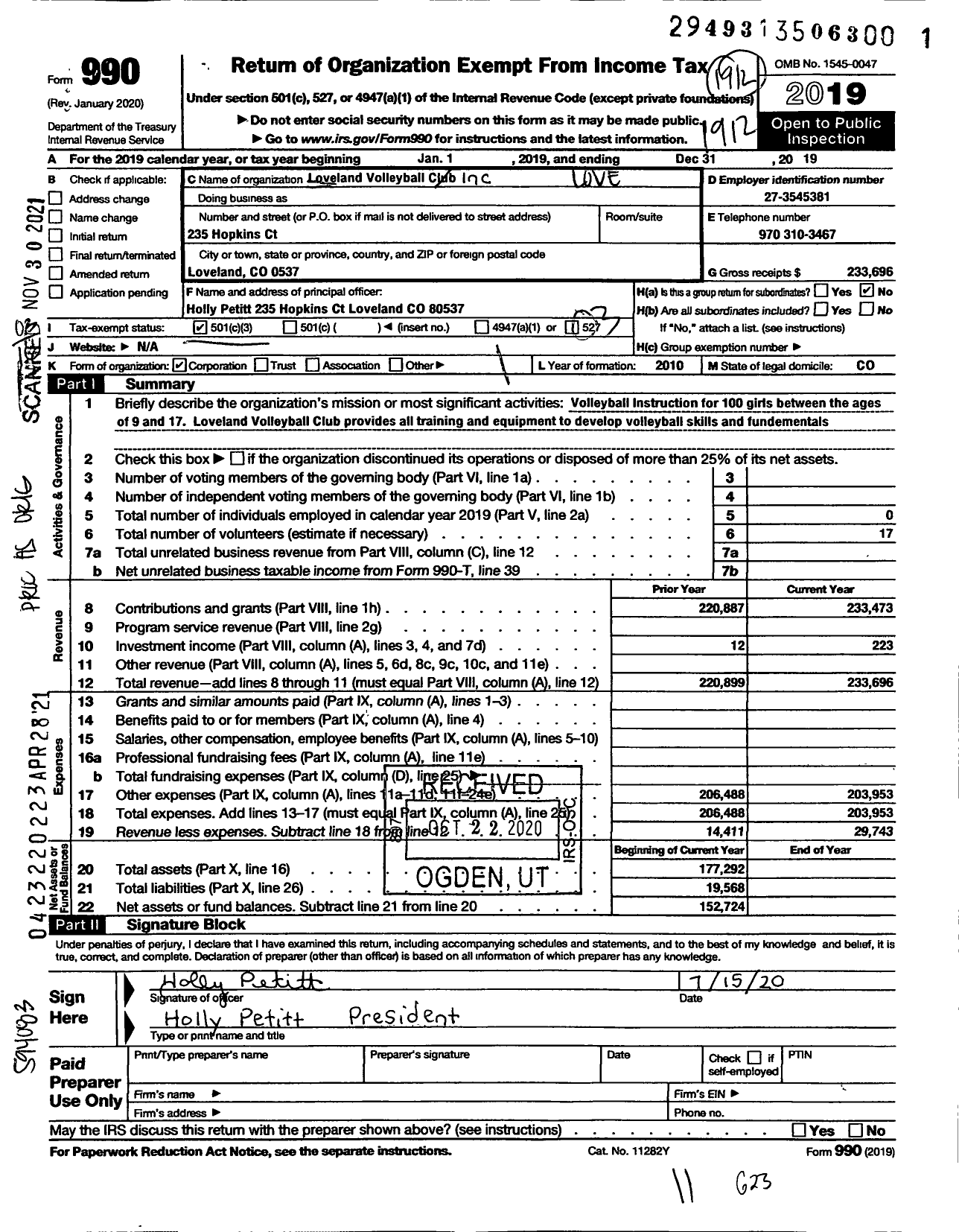 Image of first page of 2019 Form 990 for Loveland Volleyball Club