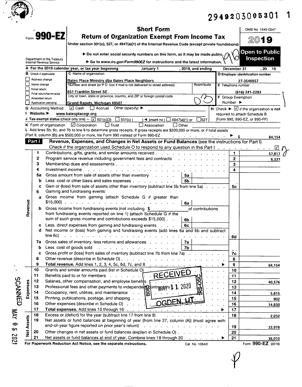 Image of first page of 2019 Form 990EZ for Bates Place Ministry