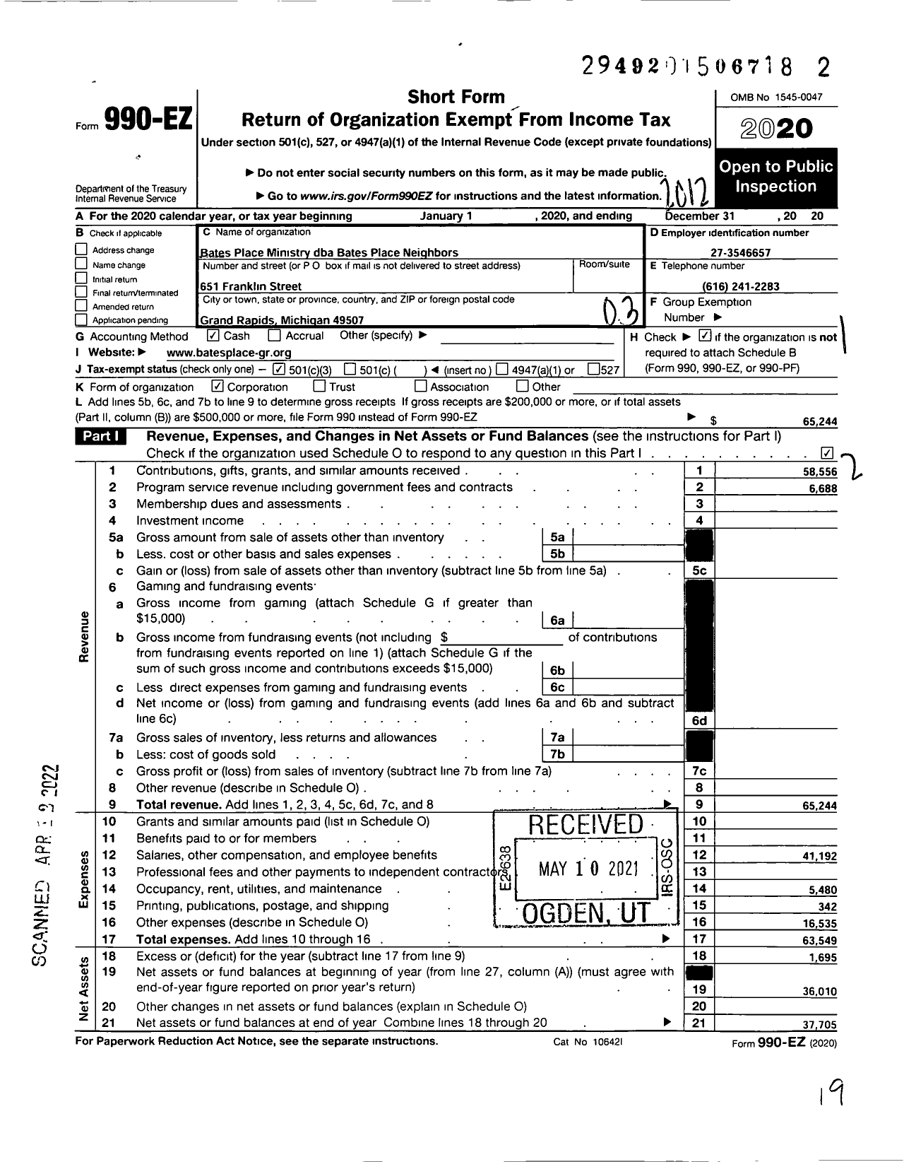 Image of first page of 2020 Form 990EZ for Bates Place Ministry