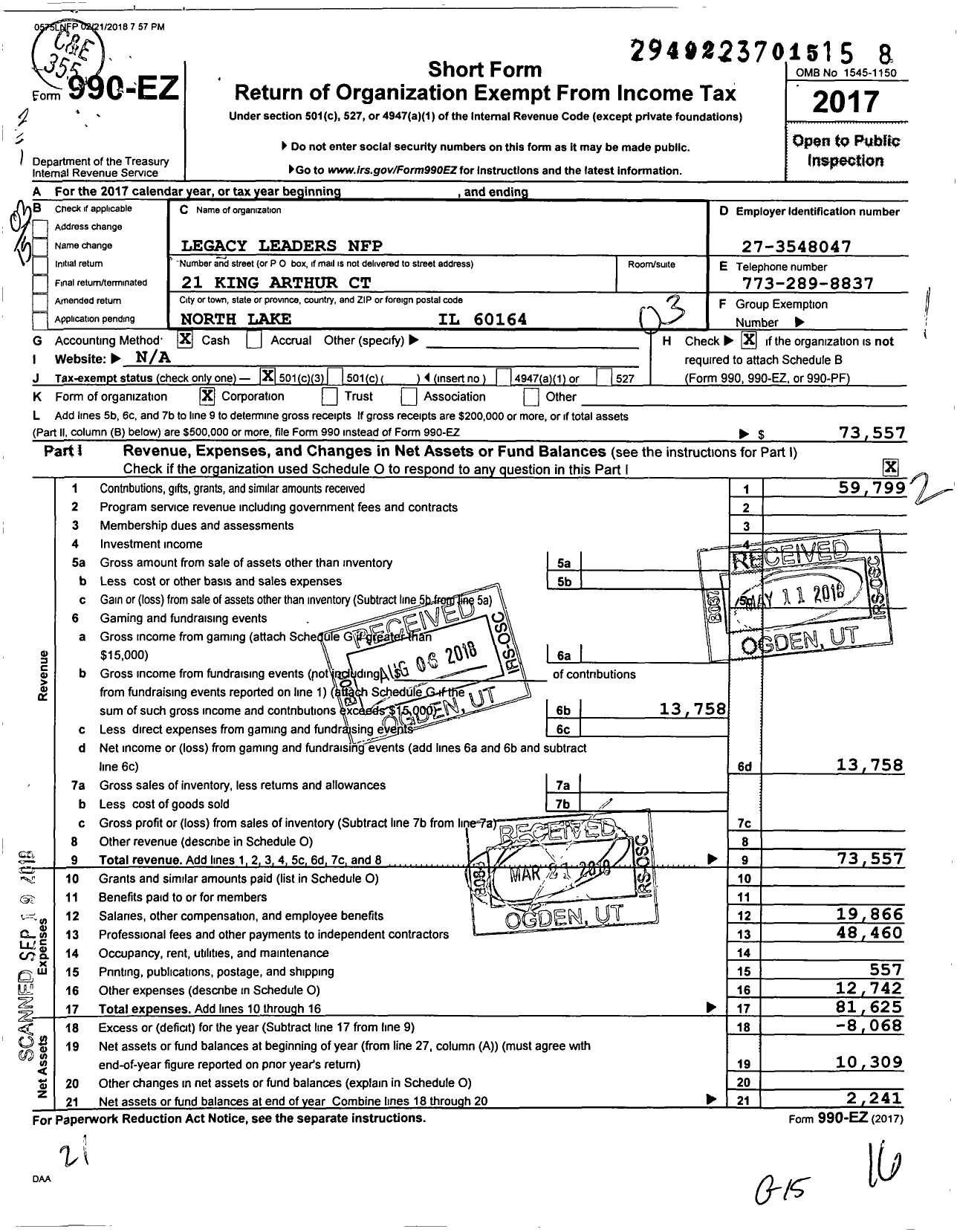 Image of first page of 2017 Form 990EZ for Legacy Leaders NFP