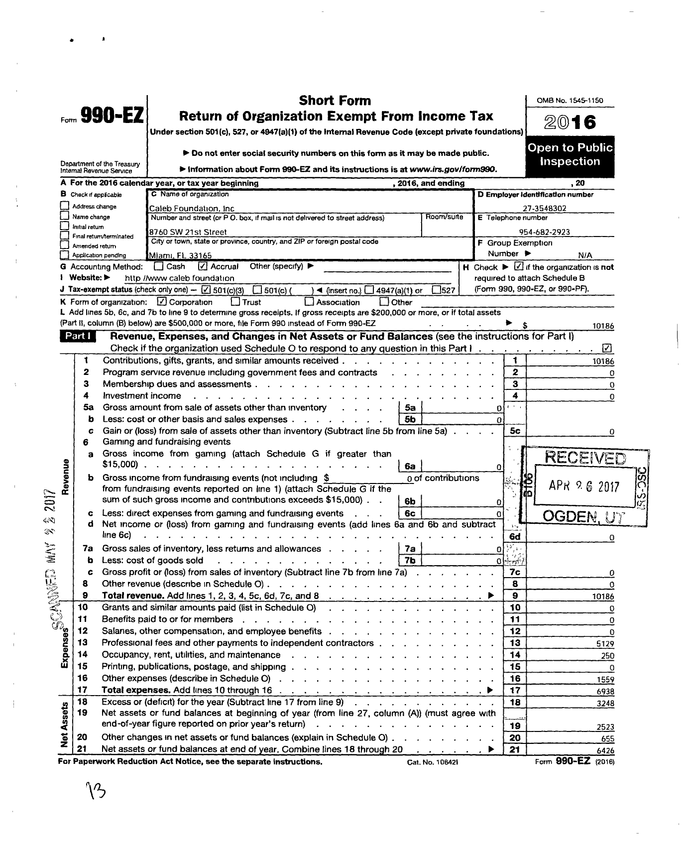 Image of first page of 2016 Form 990EZ for Caleb Foundation