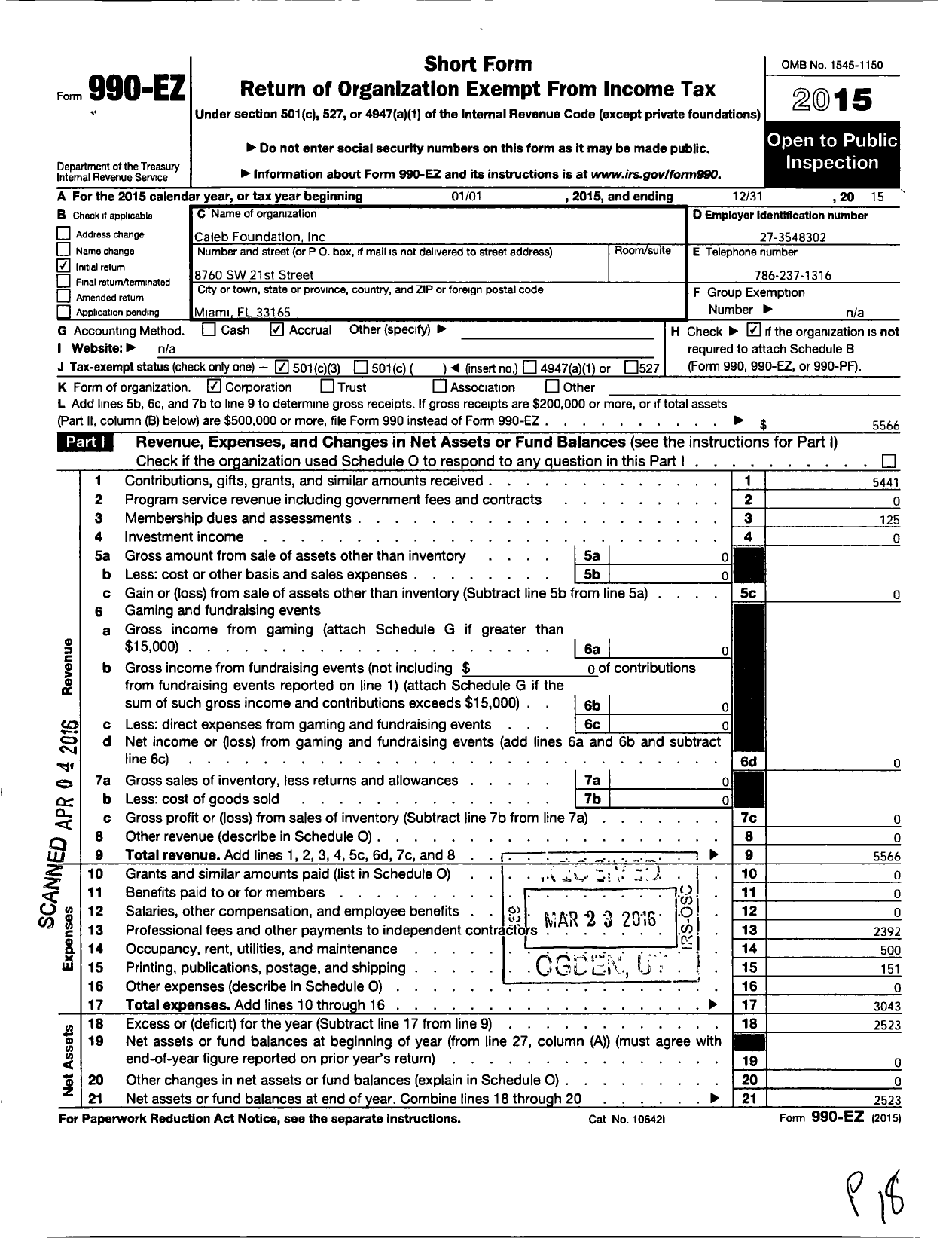 Image of first page of 2015 Form 990EZ for Caleb Foundation