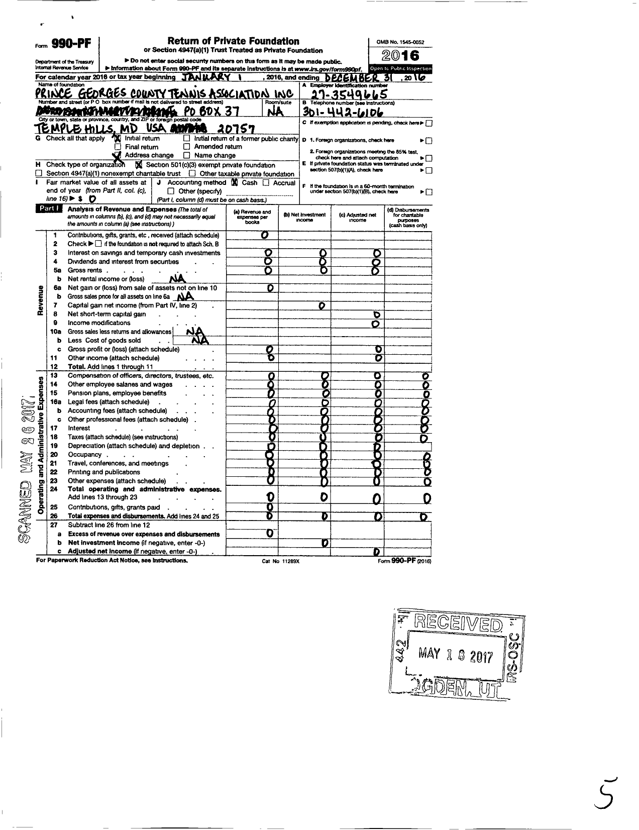 Image of first page of 2016 Form 990PF for Prince Georges County Tennis Association