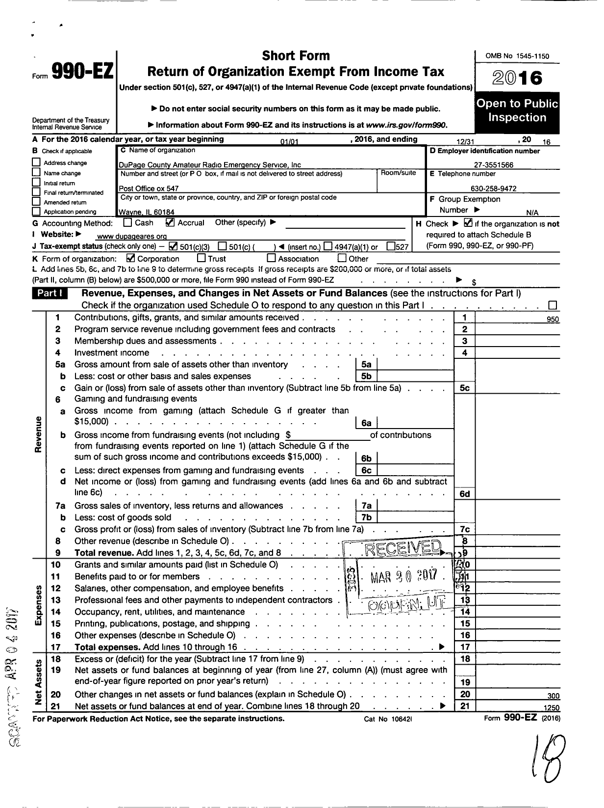 Image of first page of 2016 Form 990EZ for Dupage County Amateur Radio Emergency Service