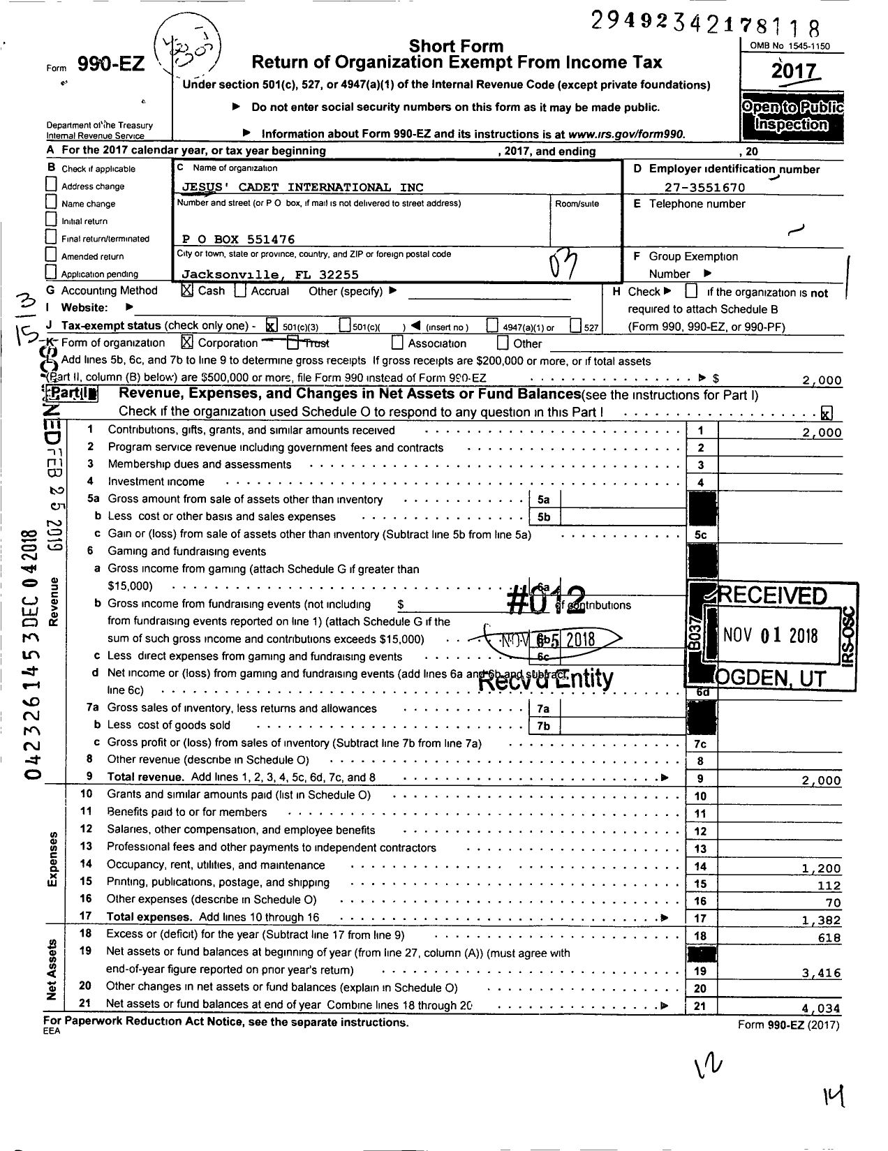 Image of first page of 2017 Form 990EZ for Jesus Cadets International