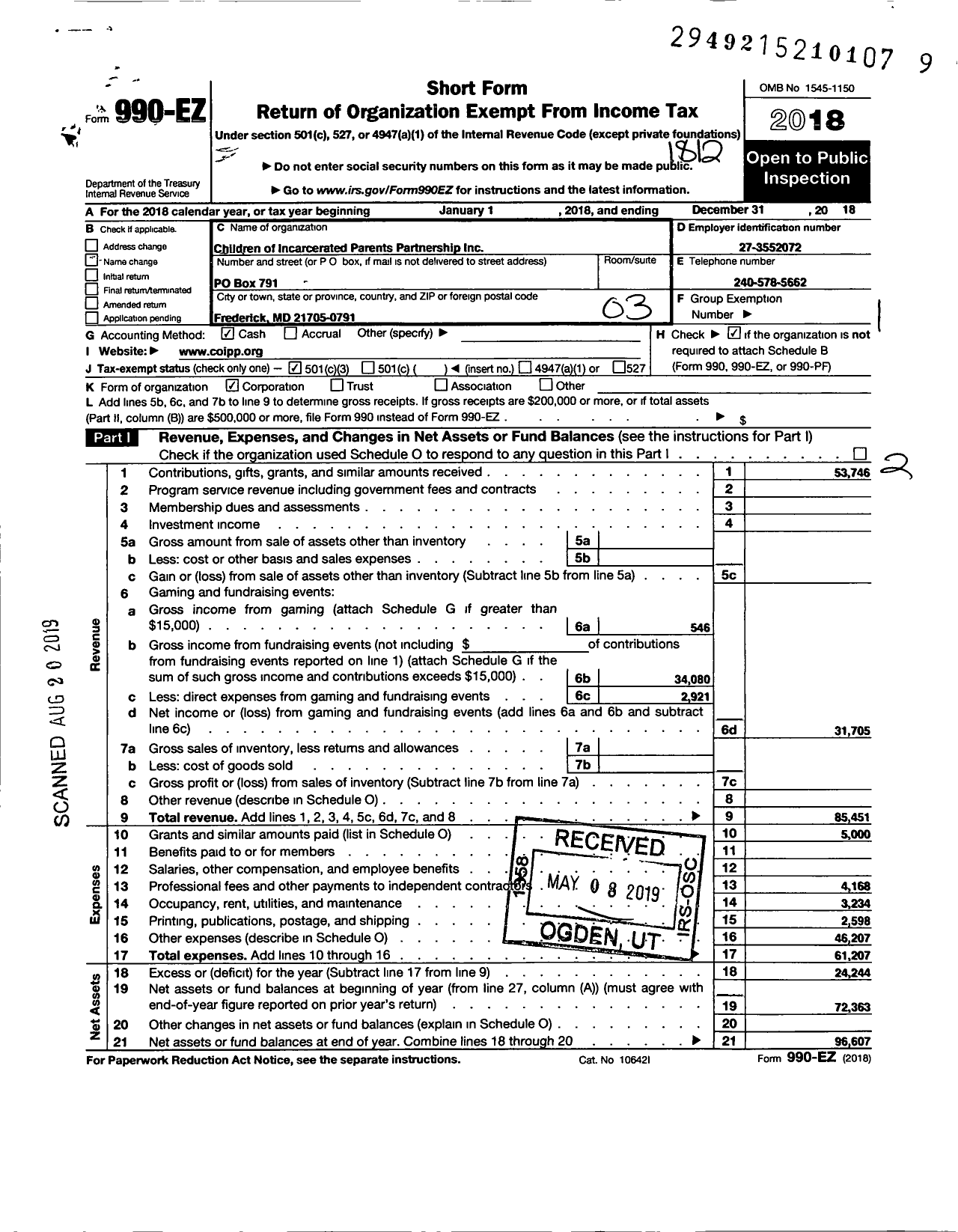 Image of first page of 2018 Form 990EZ for Children of Incarcerated Parents Partnership (COIP)