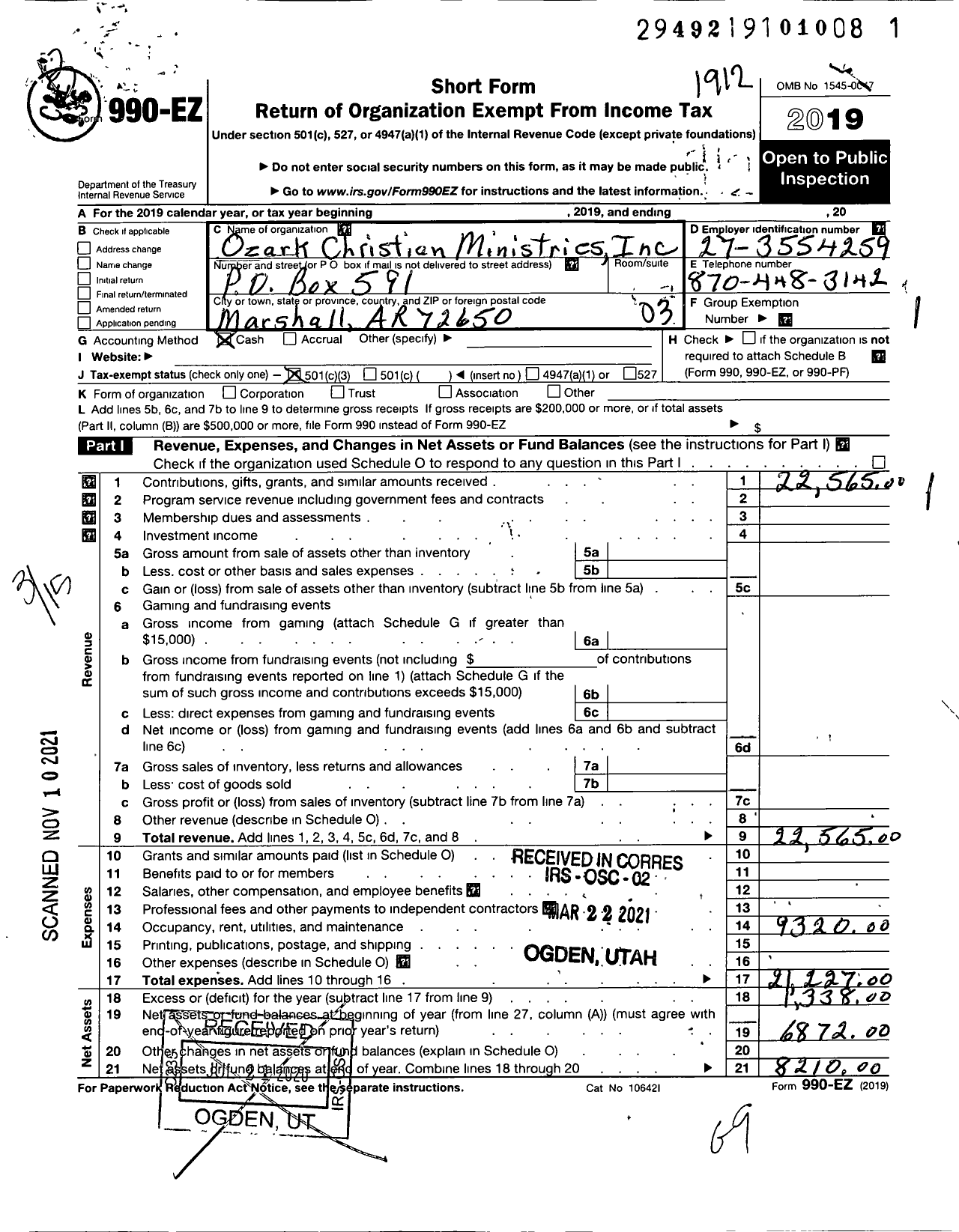 Image of first page of 2019 Form 990EZ for Ozark Christian Ministries