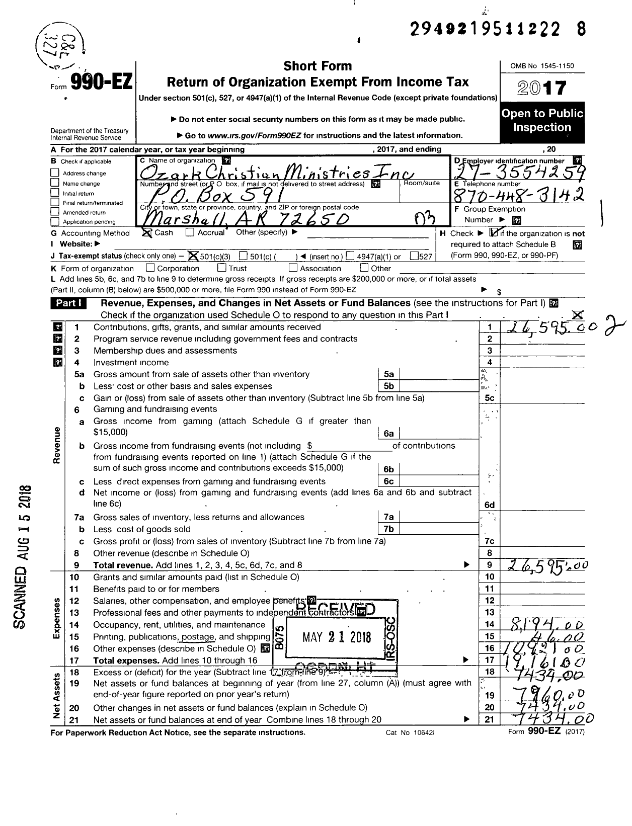 Image of first page of 2017 Form 990EZ for Ozark Christian Ministries