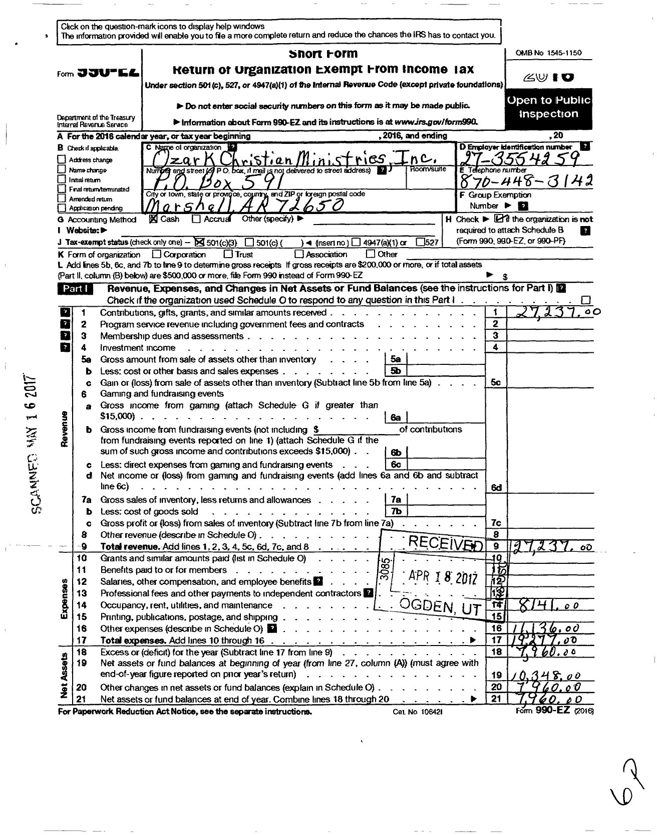 Image of first page of 2016 Form 990EZ for Ozark Christian Ministries