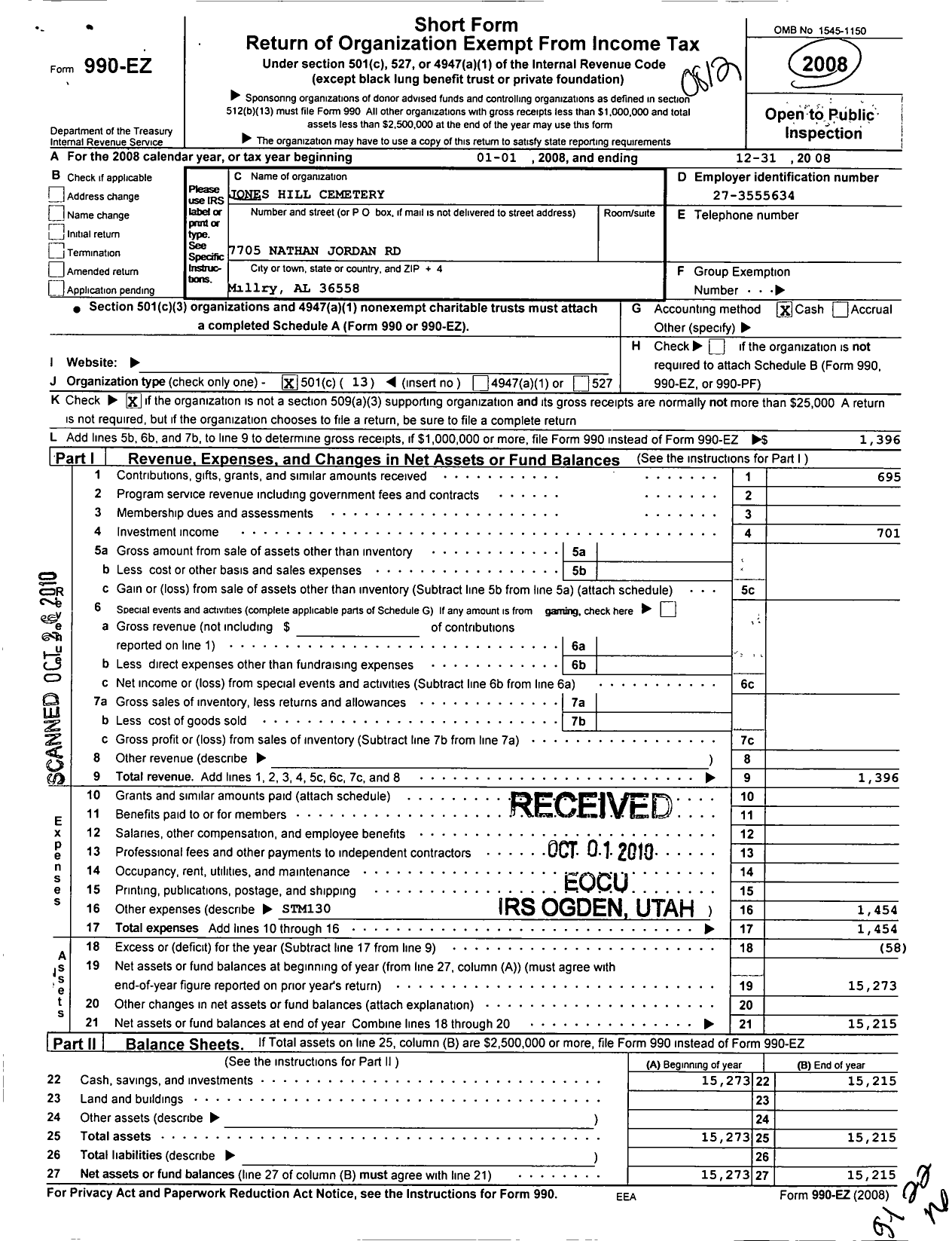 Image of first page of 2008 Form 990EO for Jones Hill Cemetery Association