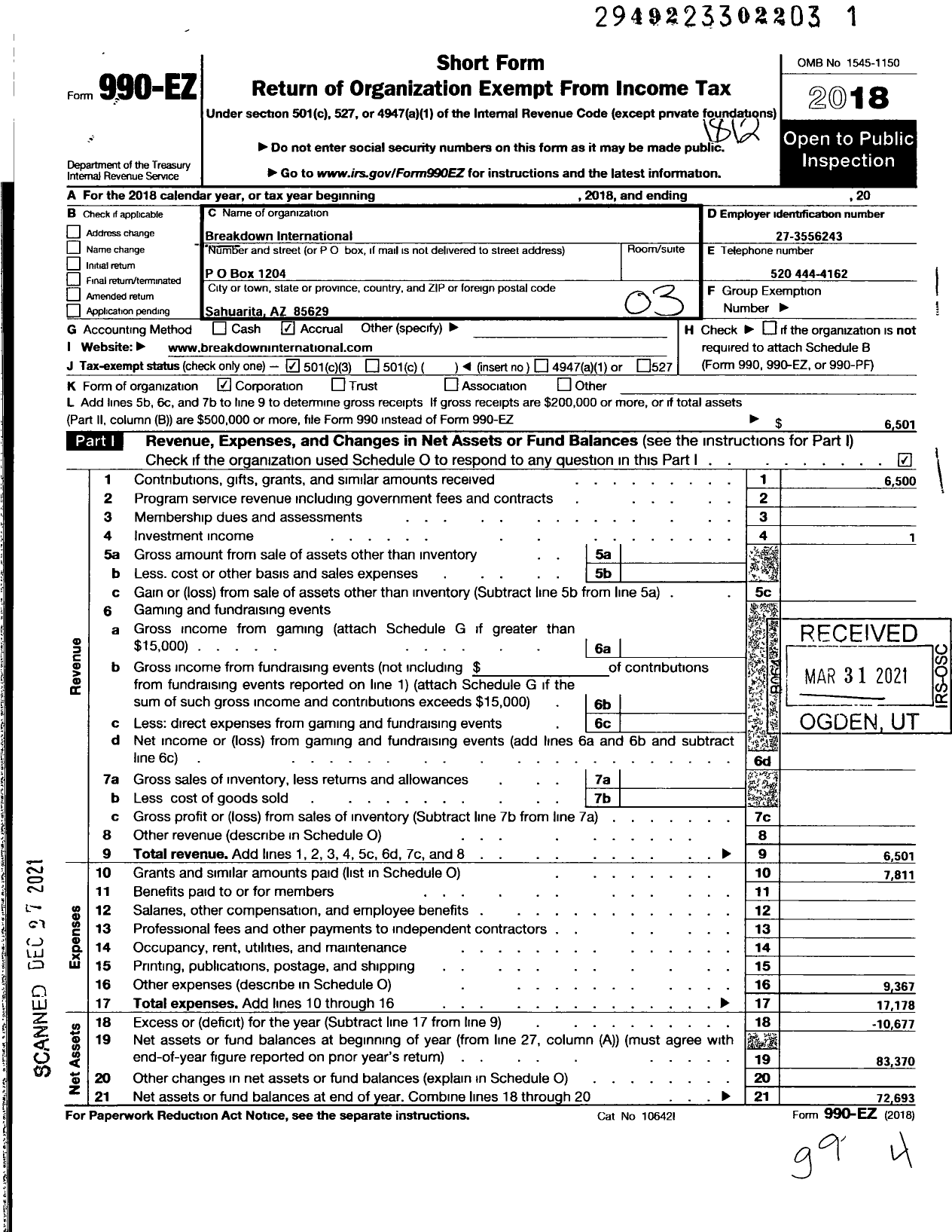 Image of first page of 2018 Form 990EZ for Breakdown International