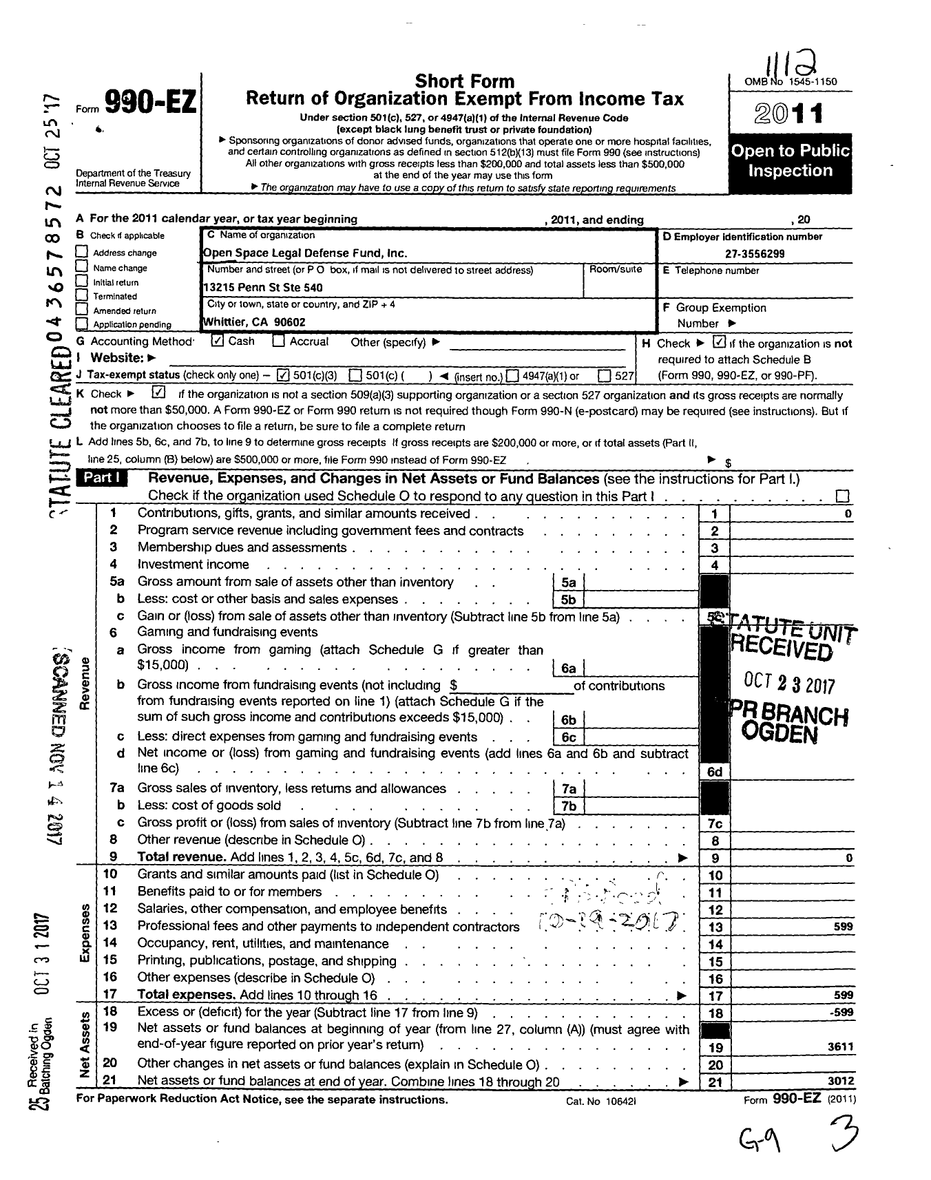 Image of first page of 2011 Form 990EZ for Open Space Legal Defense Fund