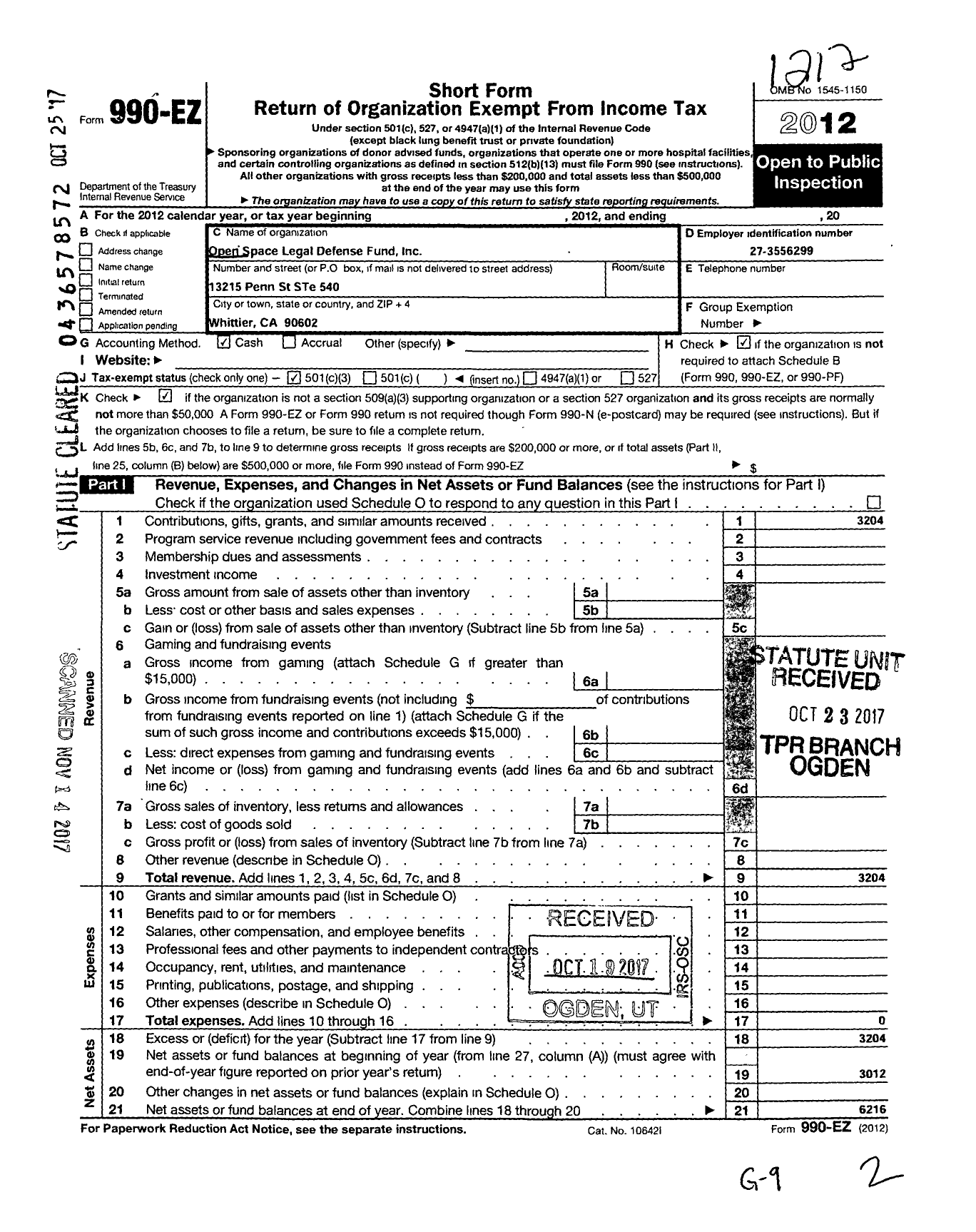 Image of first page of 2012 Form 990EZ for Open Space Legal Defense Fund