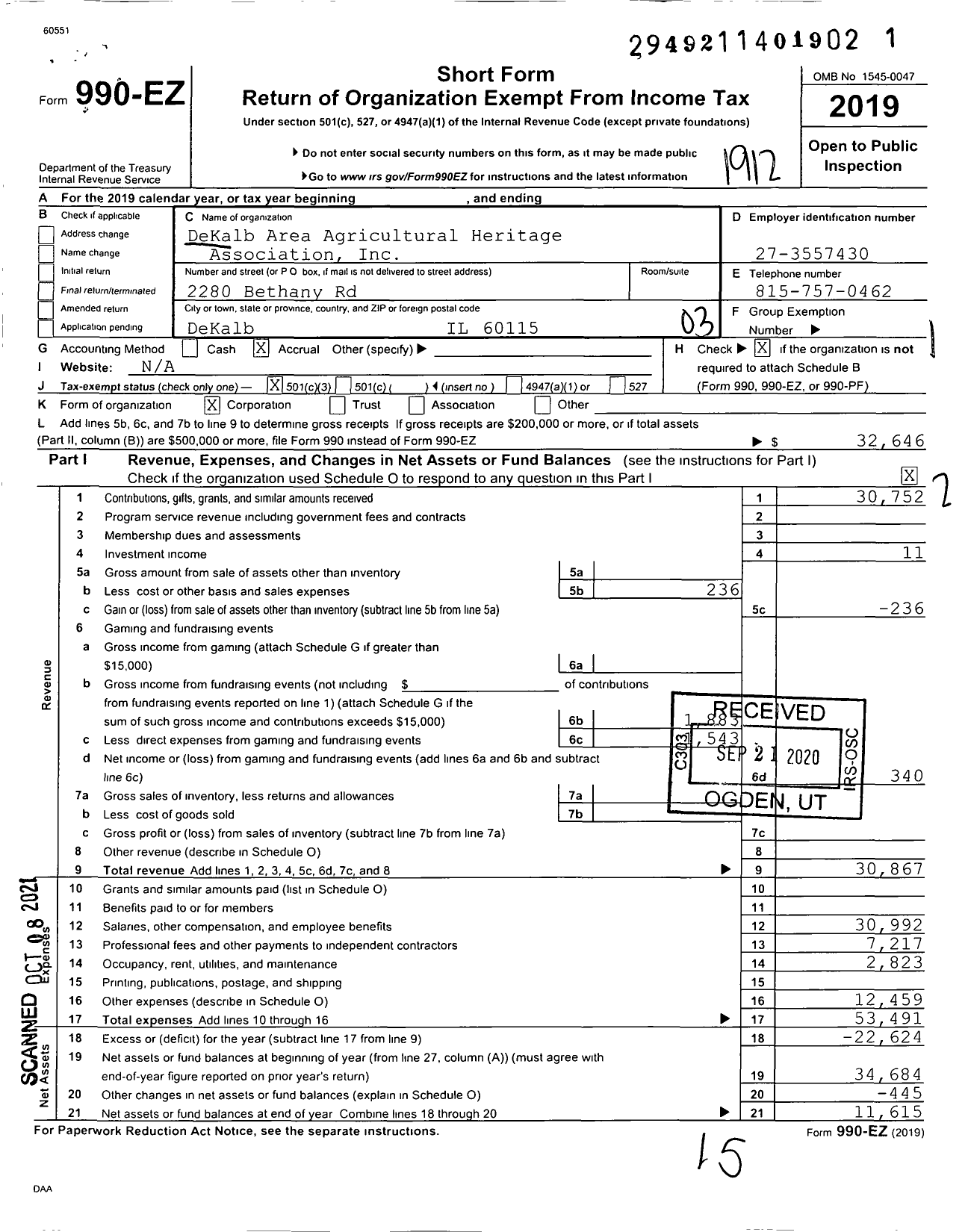 Image of first page of 2019 Form 990EZ for Dekalb Area Agricultural Heritage Association