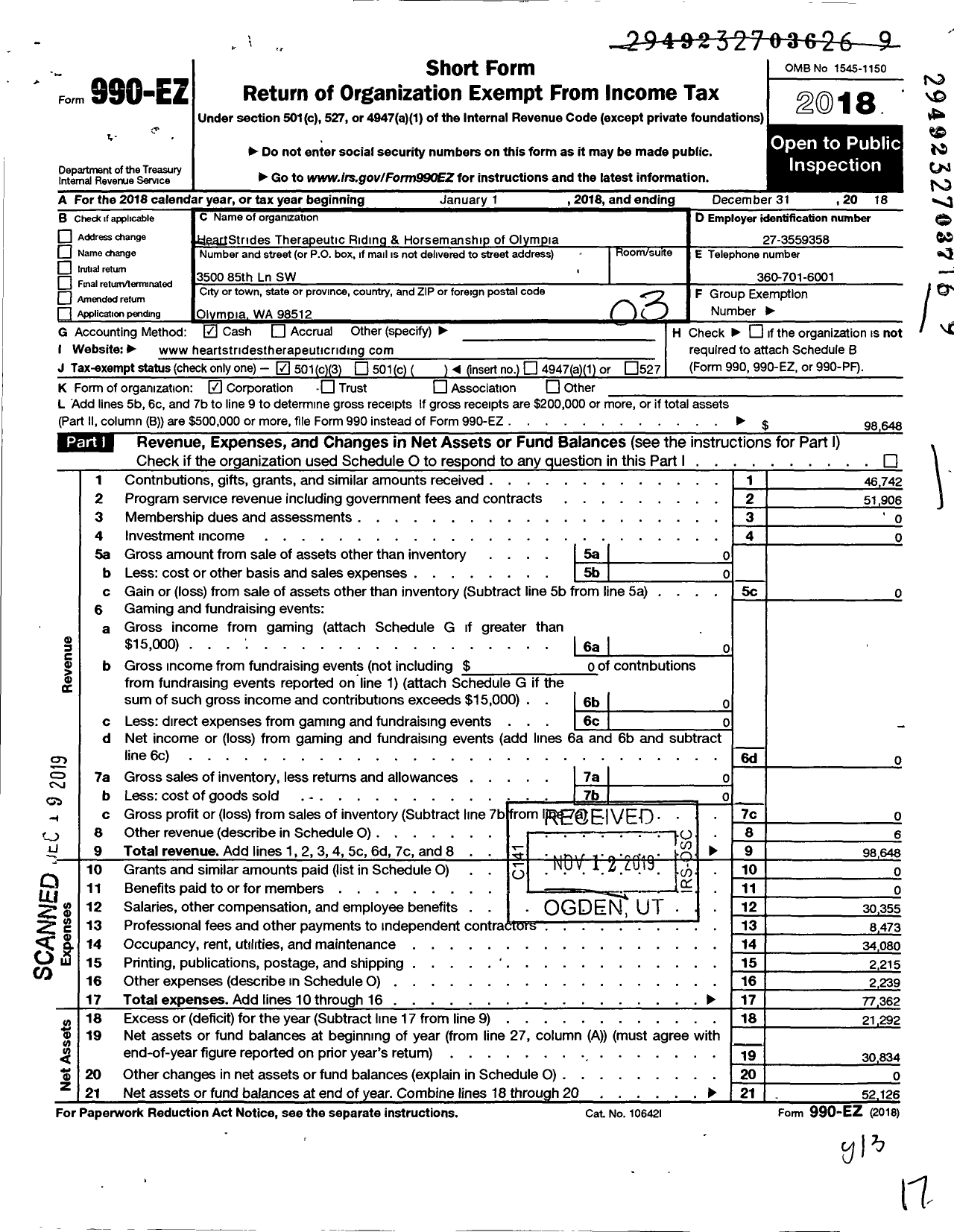 Image of first page of 2018 Form 990EZ for Heartstrides Therapeutic Riding