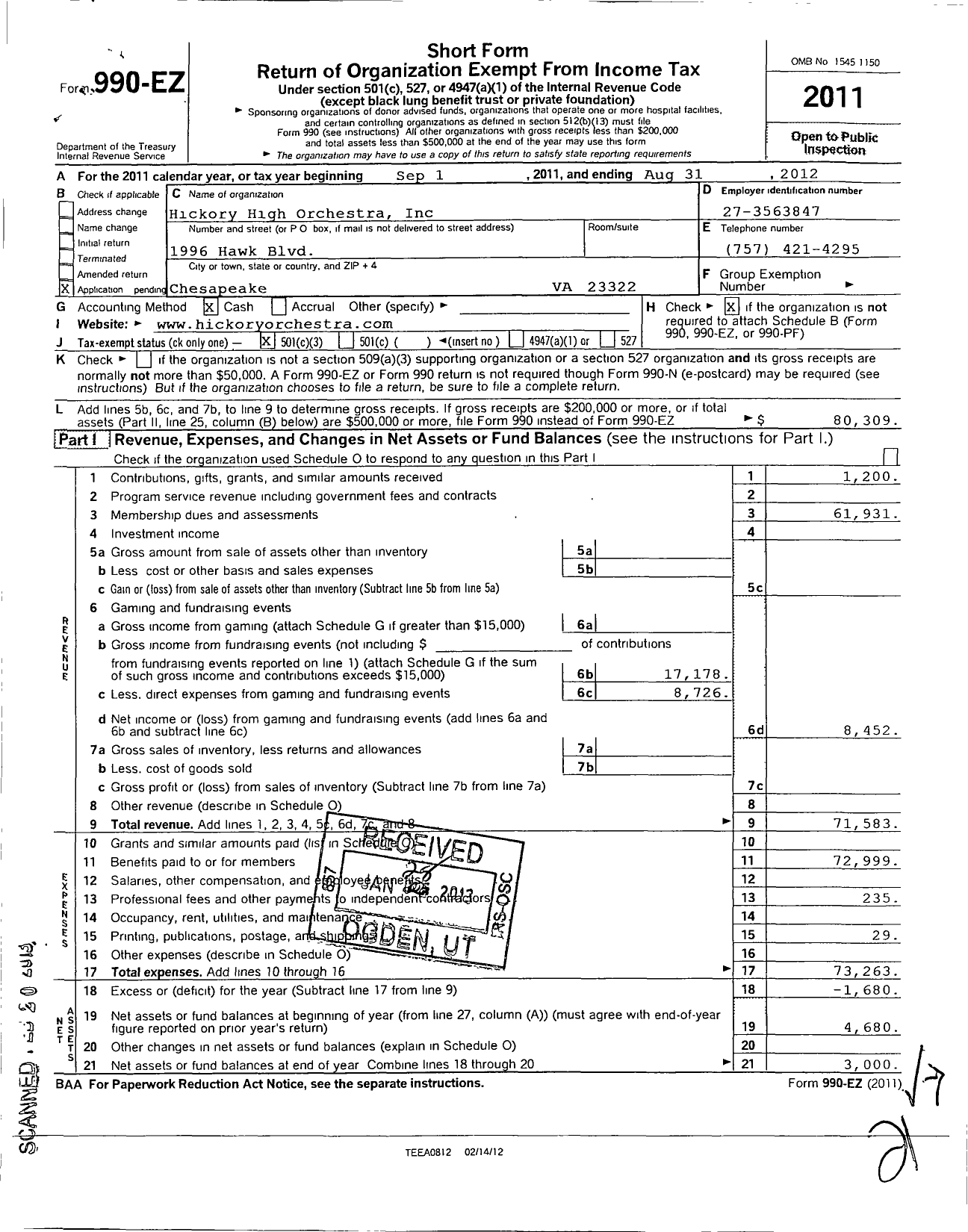 Image of first page of 2011 Form 990EZ for Hickory High Orchesta