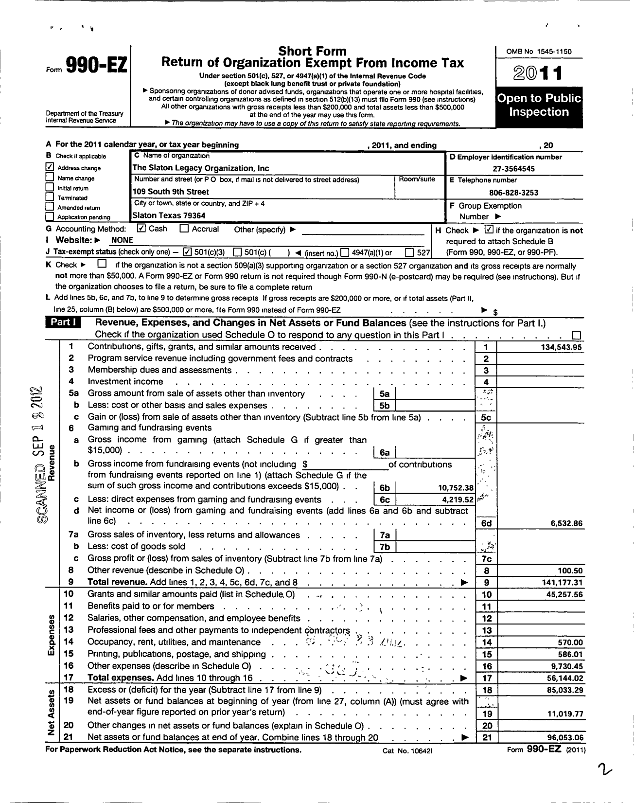 Image of first page of 2011 Form 990EZ for Slaton Legacy Organization