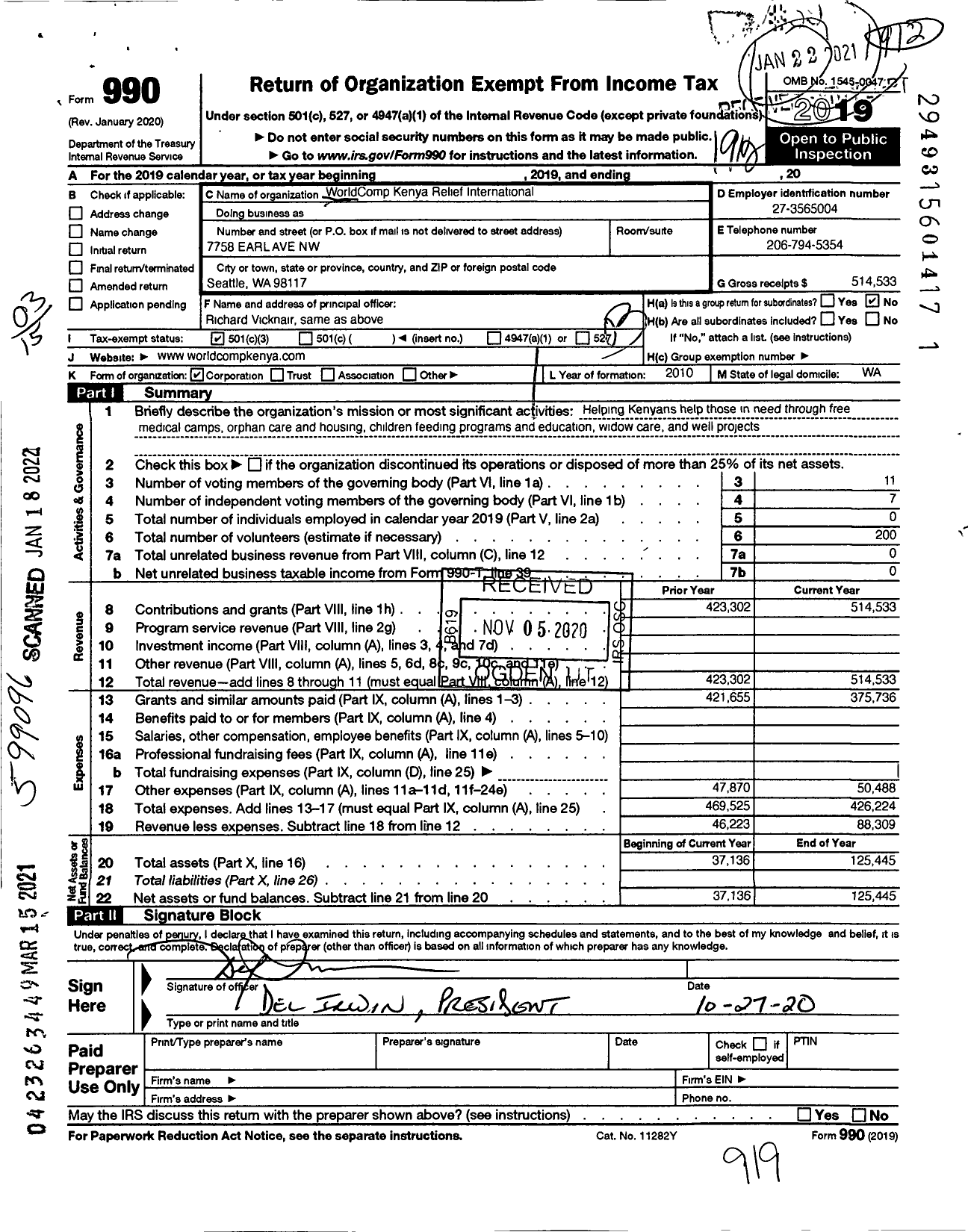 Image of first page of 2019 Form 990 for Worldcomp Kenya Relief International