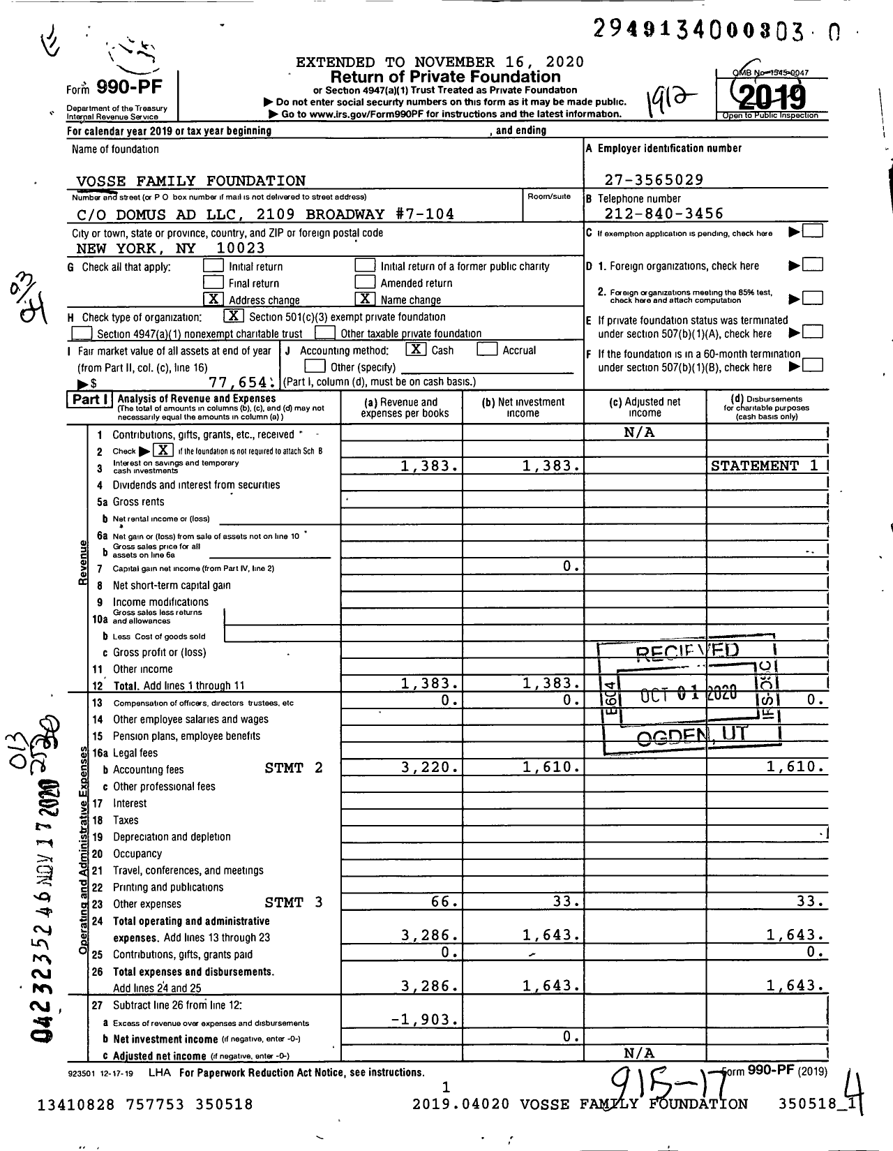 Image of first page of 2019 Form 990PF for Vosse Family Foundation