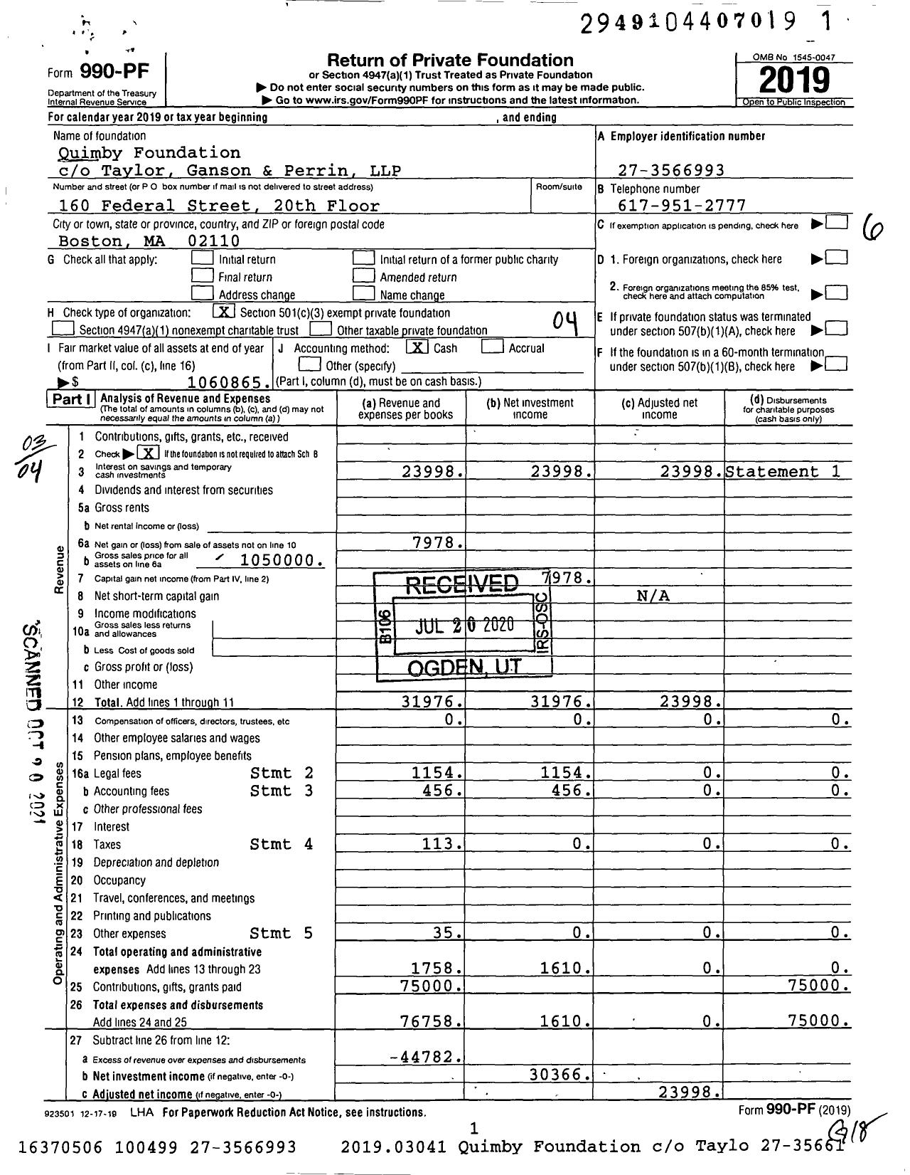 Image of first page of 2019 Form 990PF for Quimby Foundation