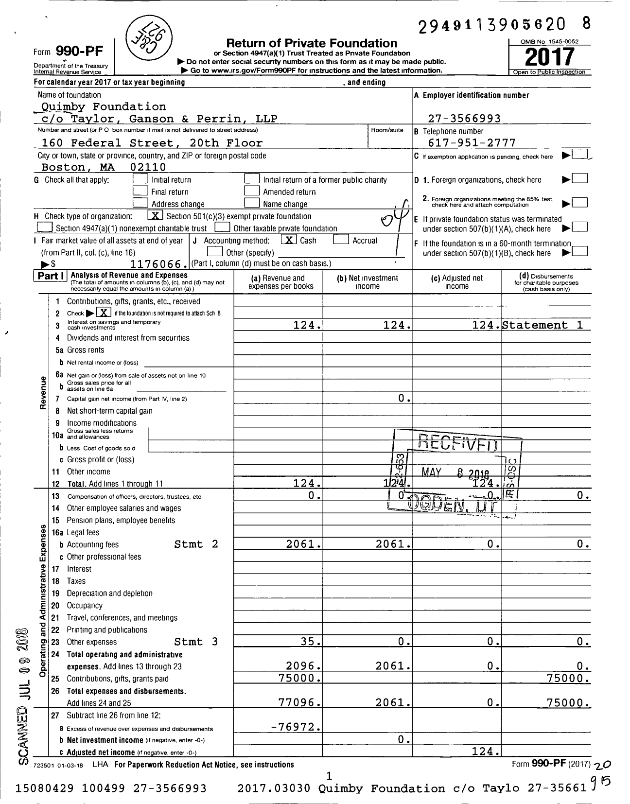 Image of first page of 2017 Form 990PF for Quimby Foundation